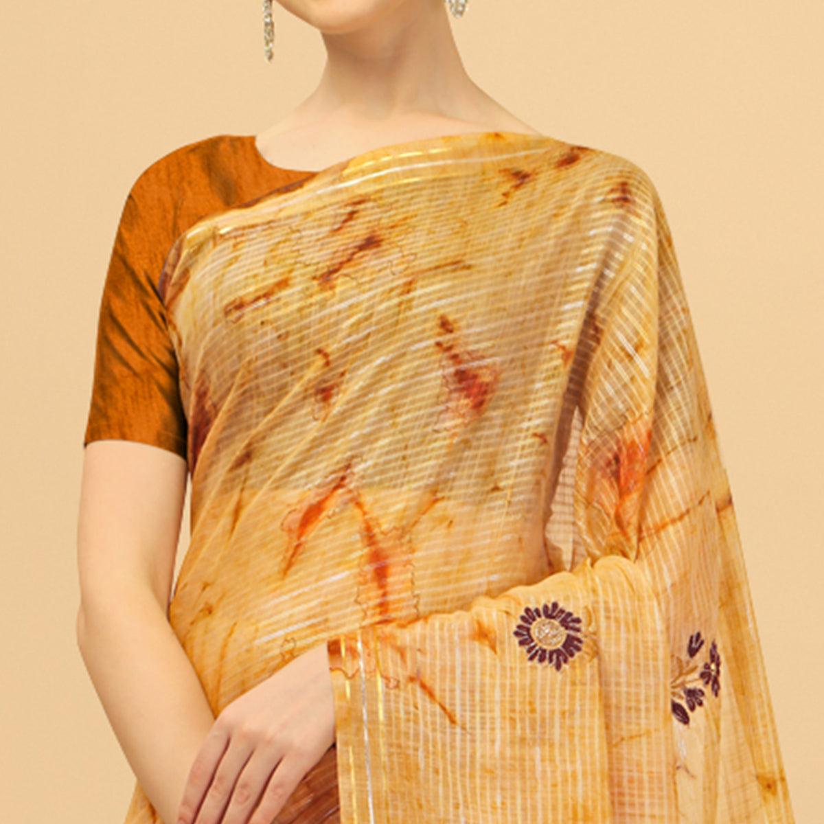 Mustard Floral Embroidered Chiffon Saree - Peachmode