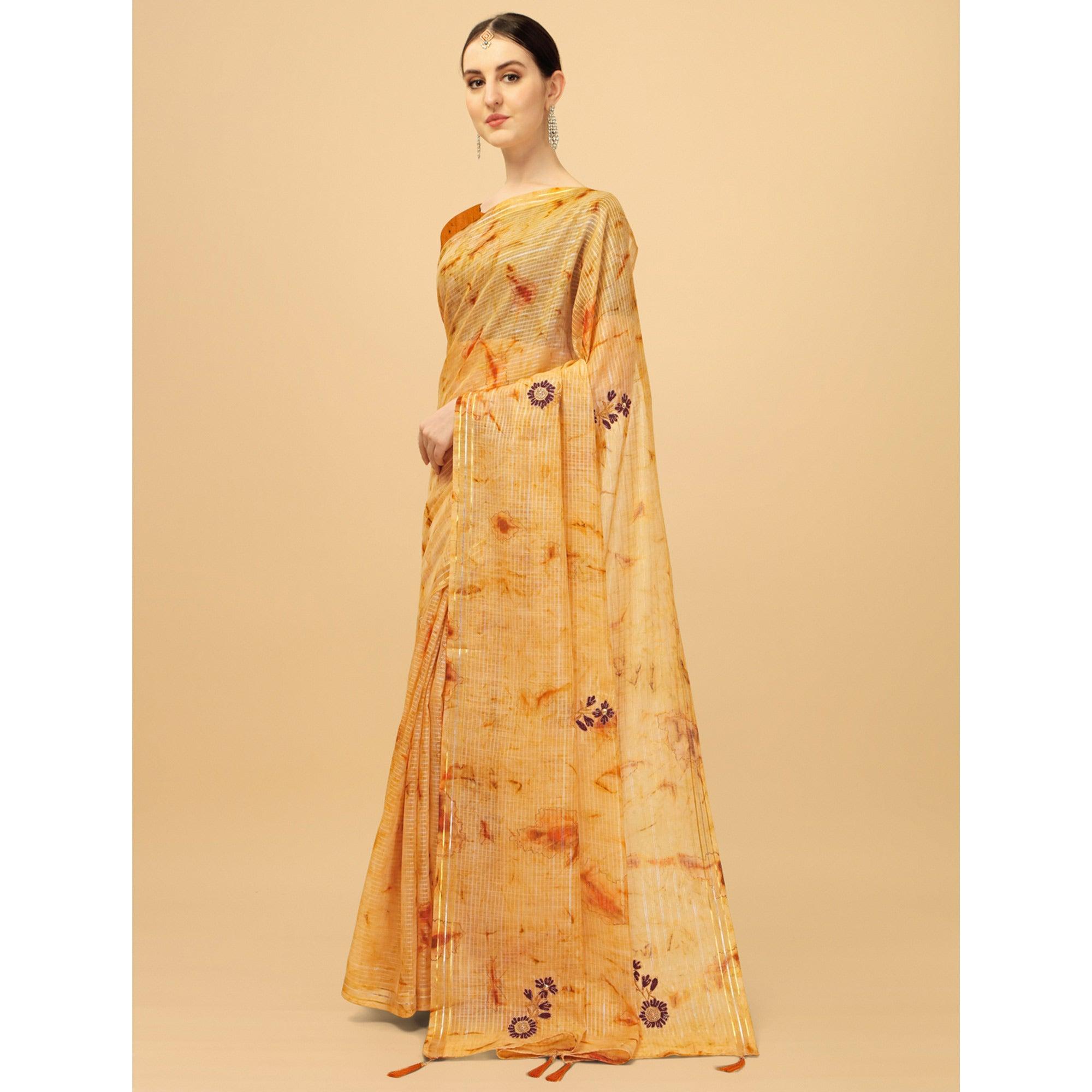 Mustard Floral Embroidered Chiffon Saree - Peachmode