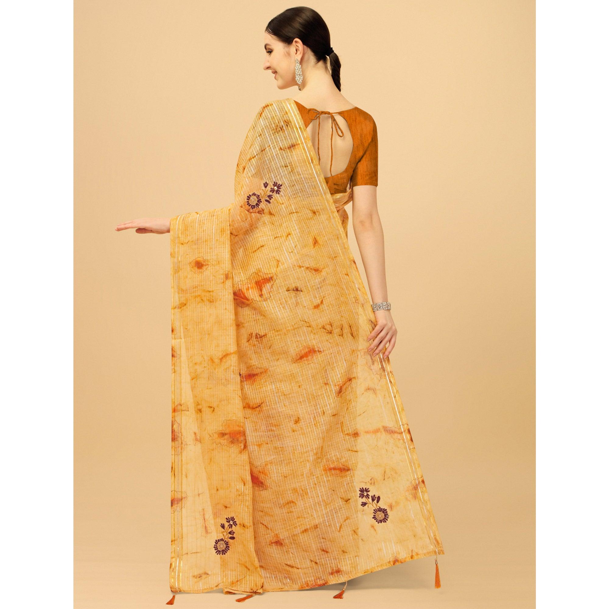 Mustard Floral Embroidered Chiffon Saree - Peachmode
