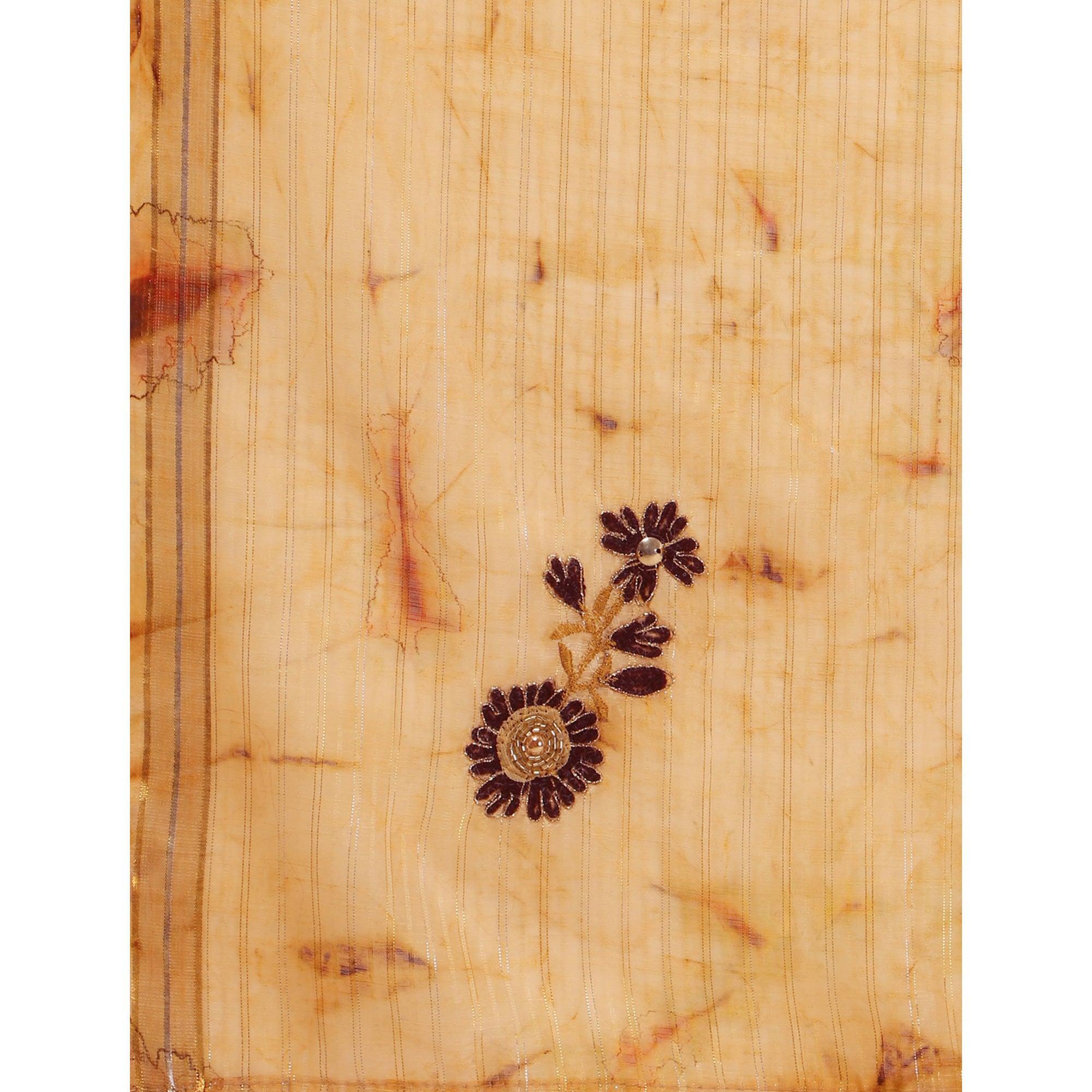 Mustard Floral Embroidered Chiffon Saree - Peachmode