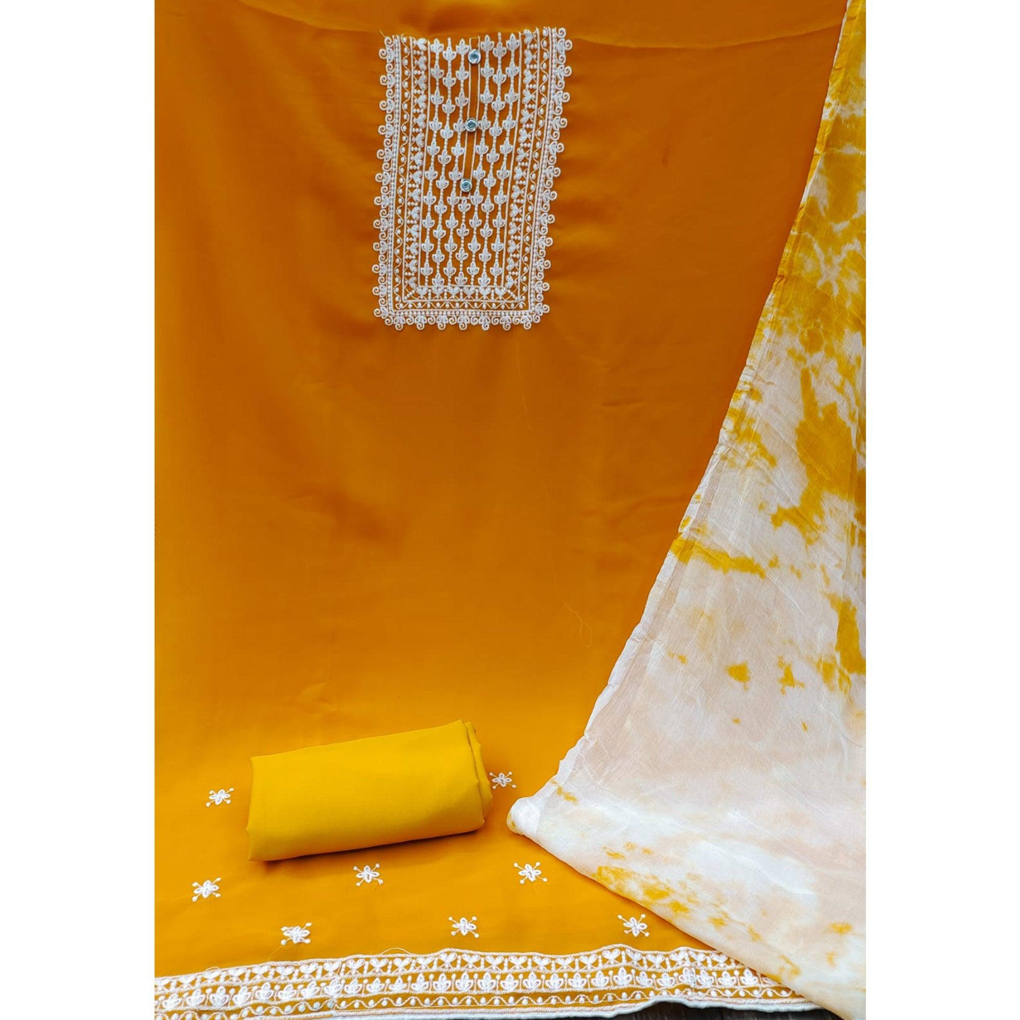 Mustard Floral Embroidered Georgette Dress Material - Peachmode