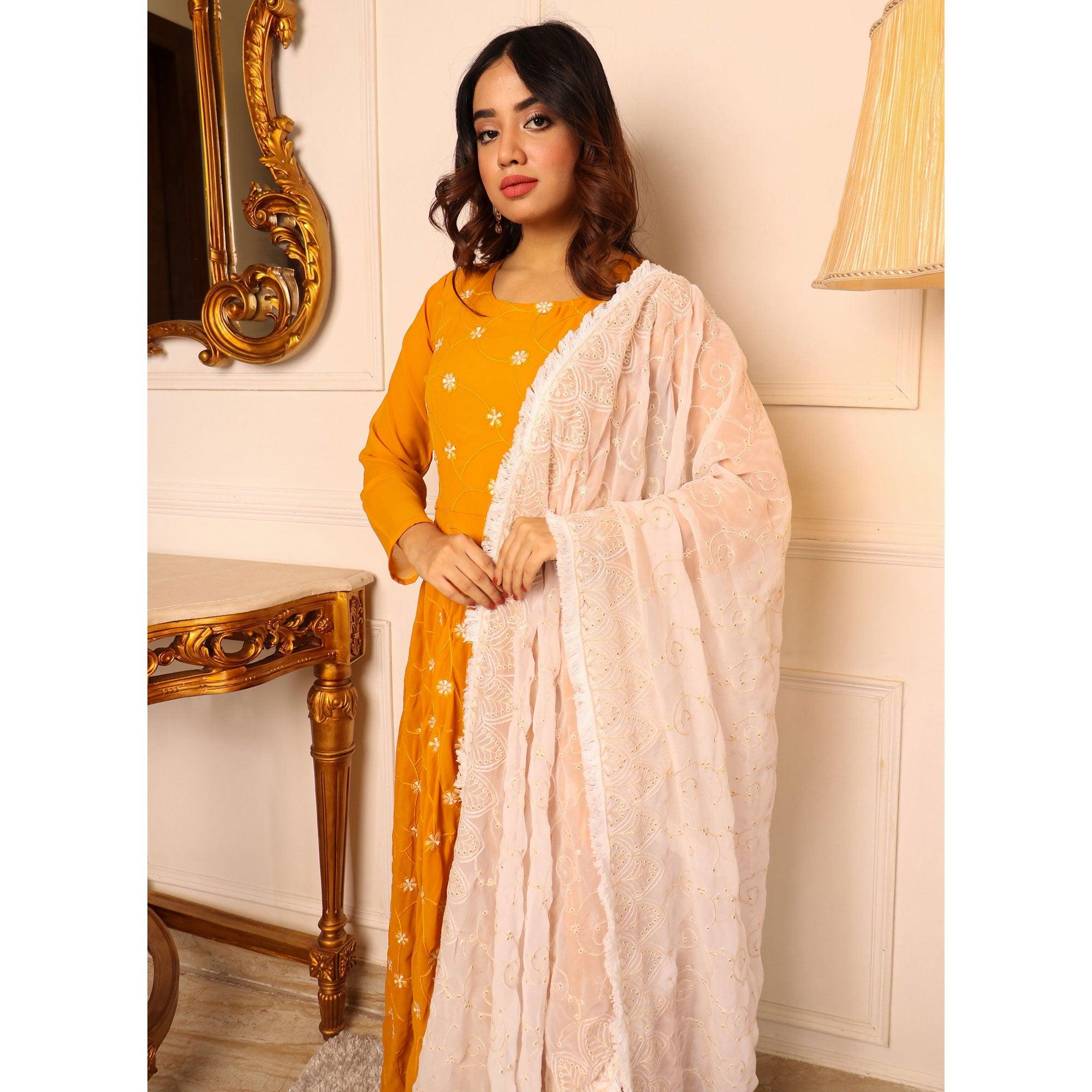 Mustard Floral Embroidered Georgette Gown With Dupatta - Peachmode