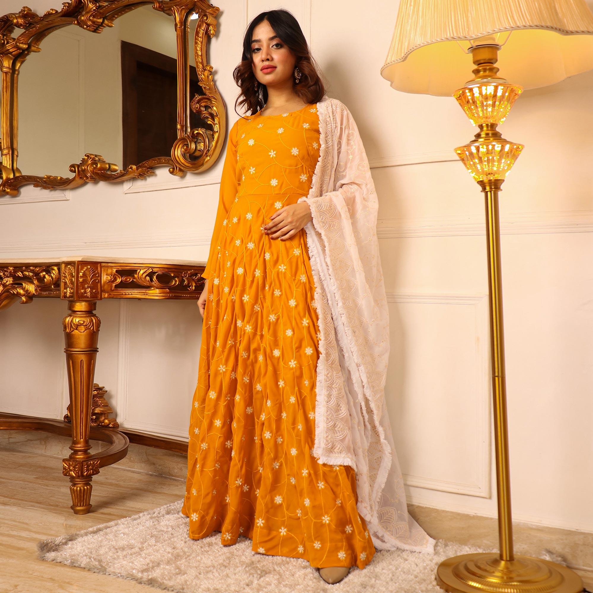 Mustard Floral Embroidered Georgette Gown With Dupatta - Peachmode