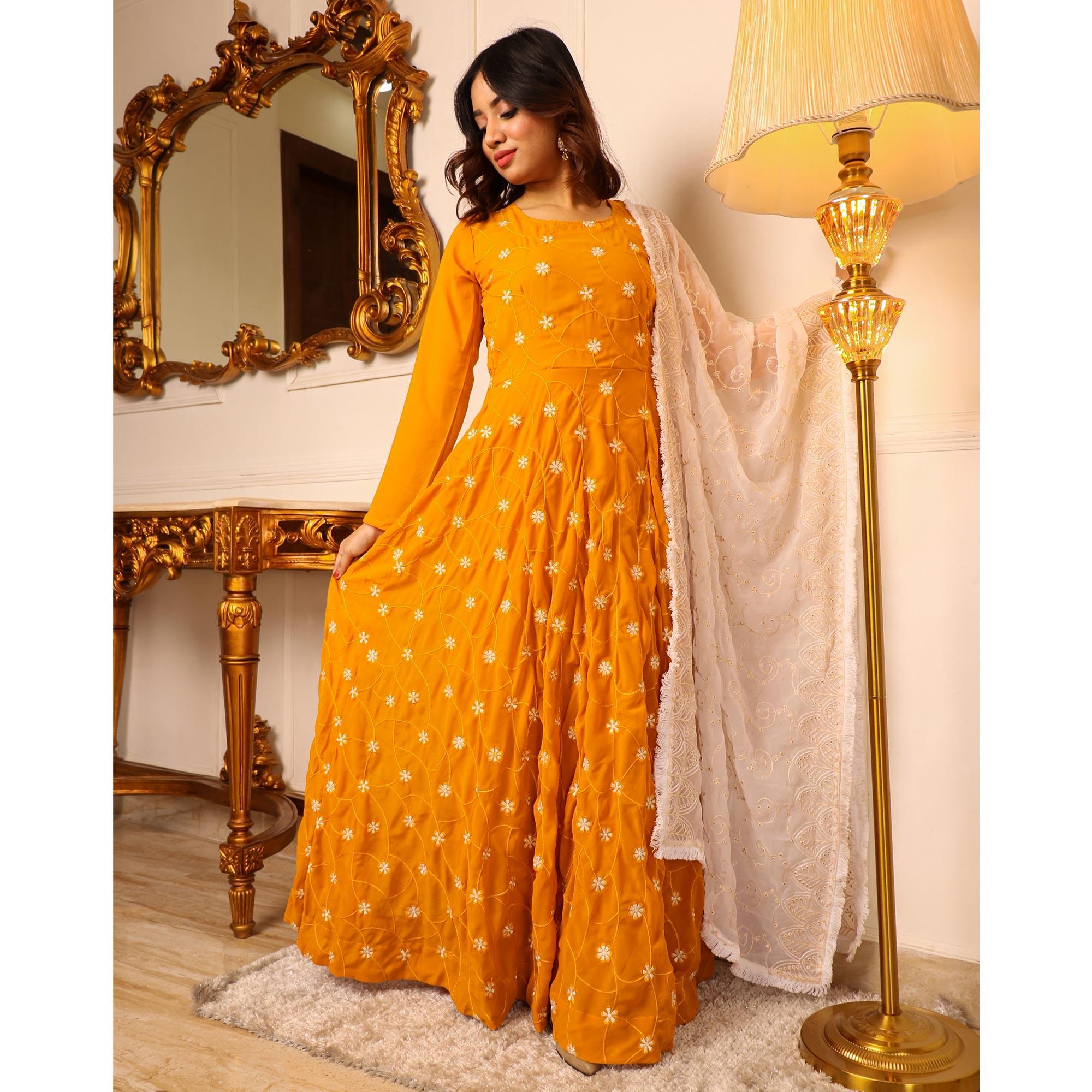 Mustard Floral Embroidered Georgette Gown With Dupatta - Peachmode