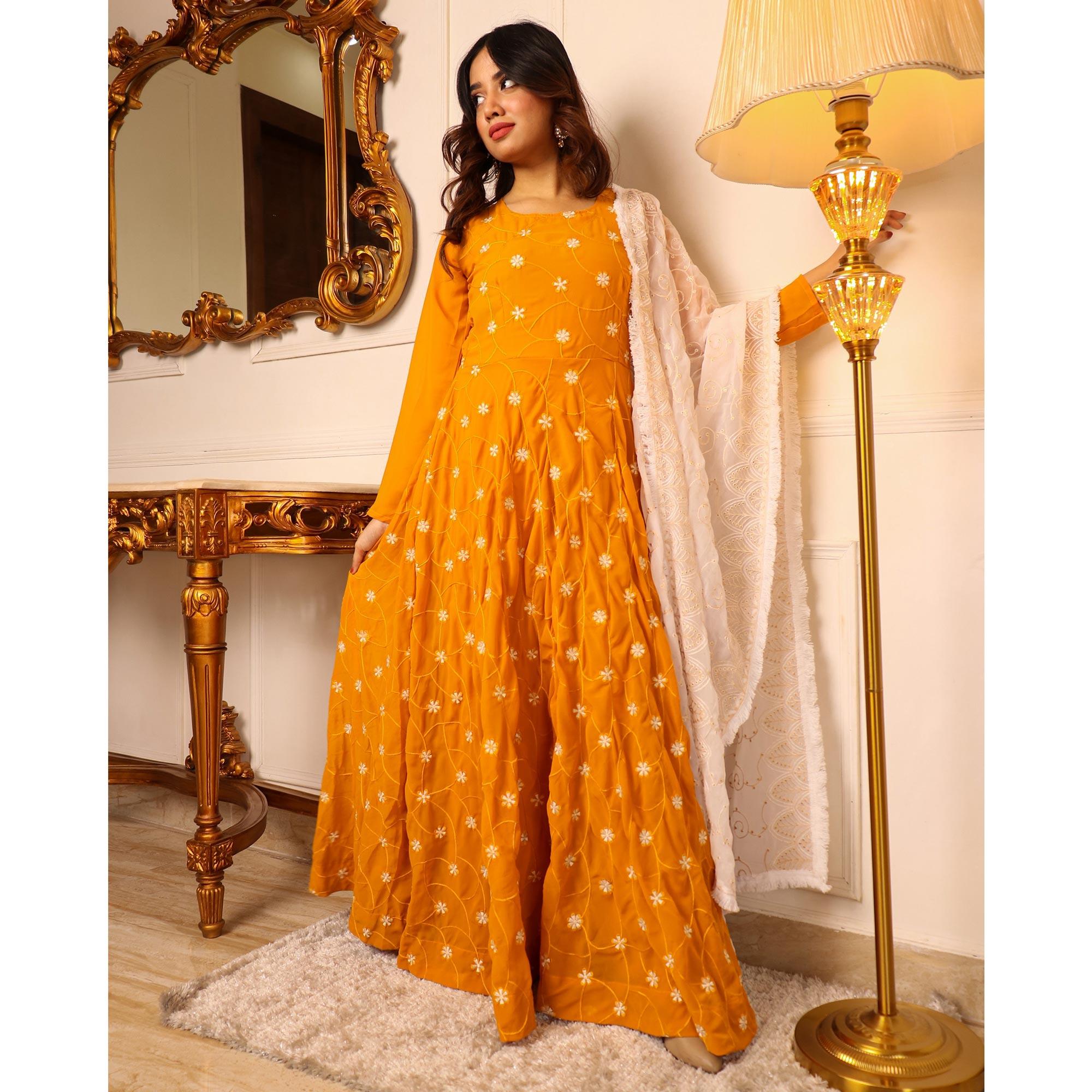 Mustard Floral Embroidered Georgette Gown With Dupatta - Peachmode