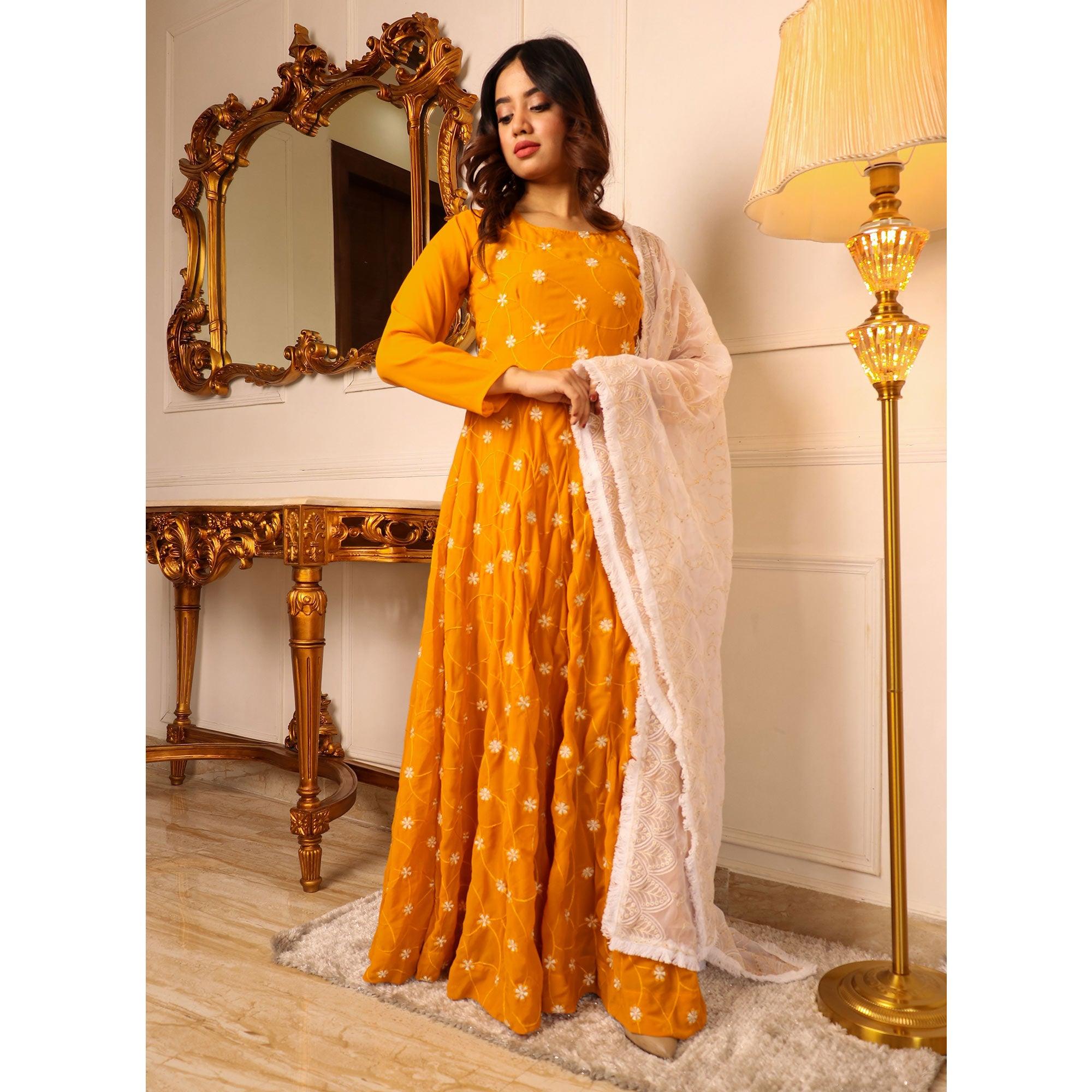Mustard Floral Embroidered Georgette Gown With Dupatta - Peachmode
