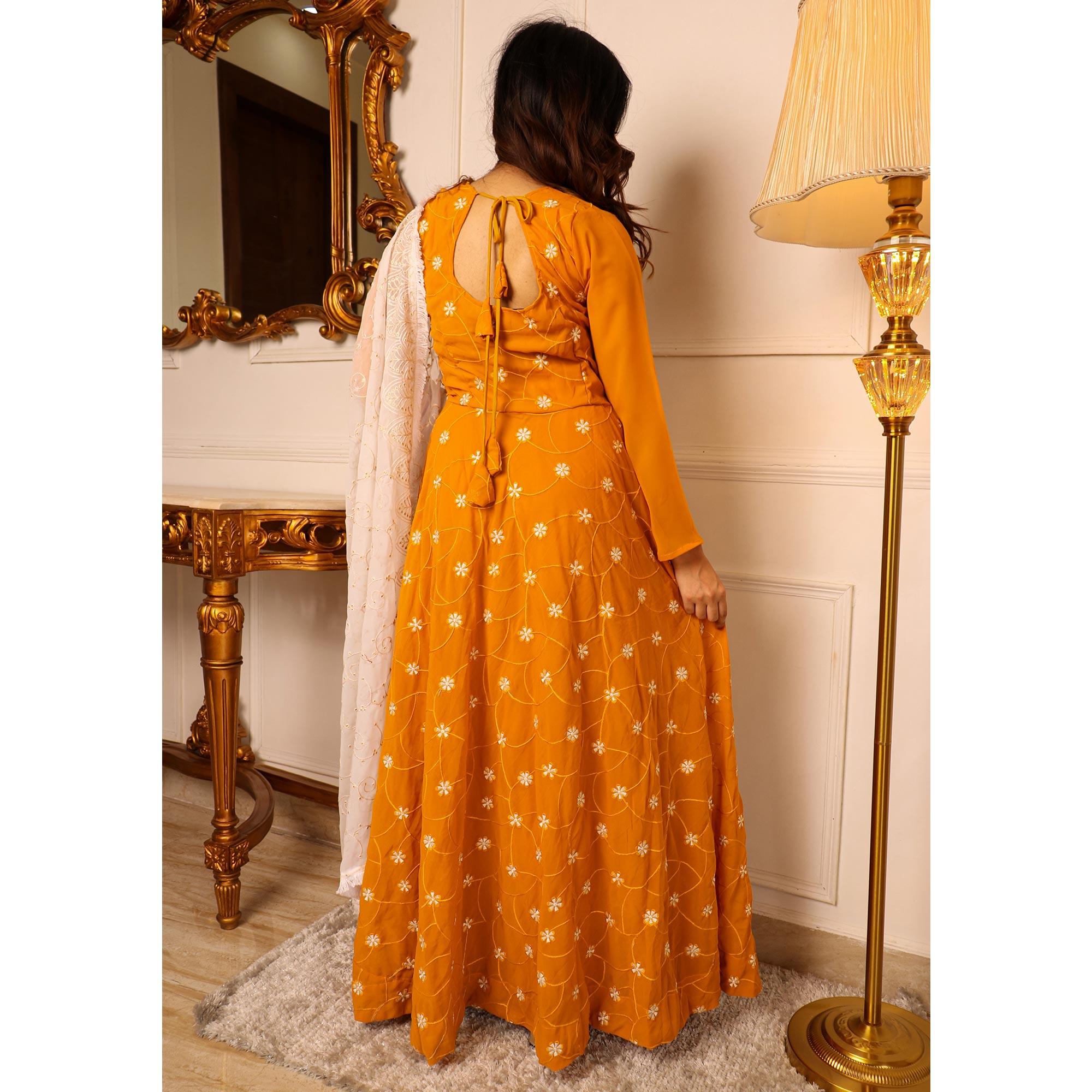 Mustard Floral Embroidered Georgette Gown With Dupatta - Peachmode