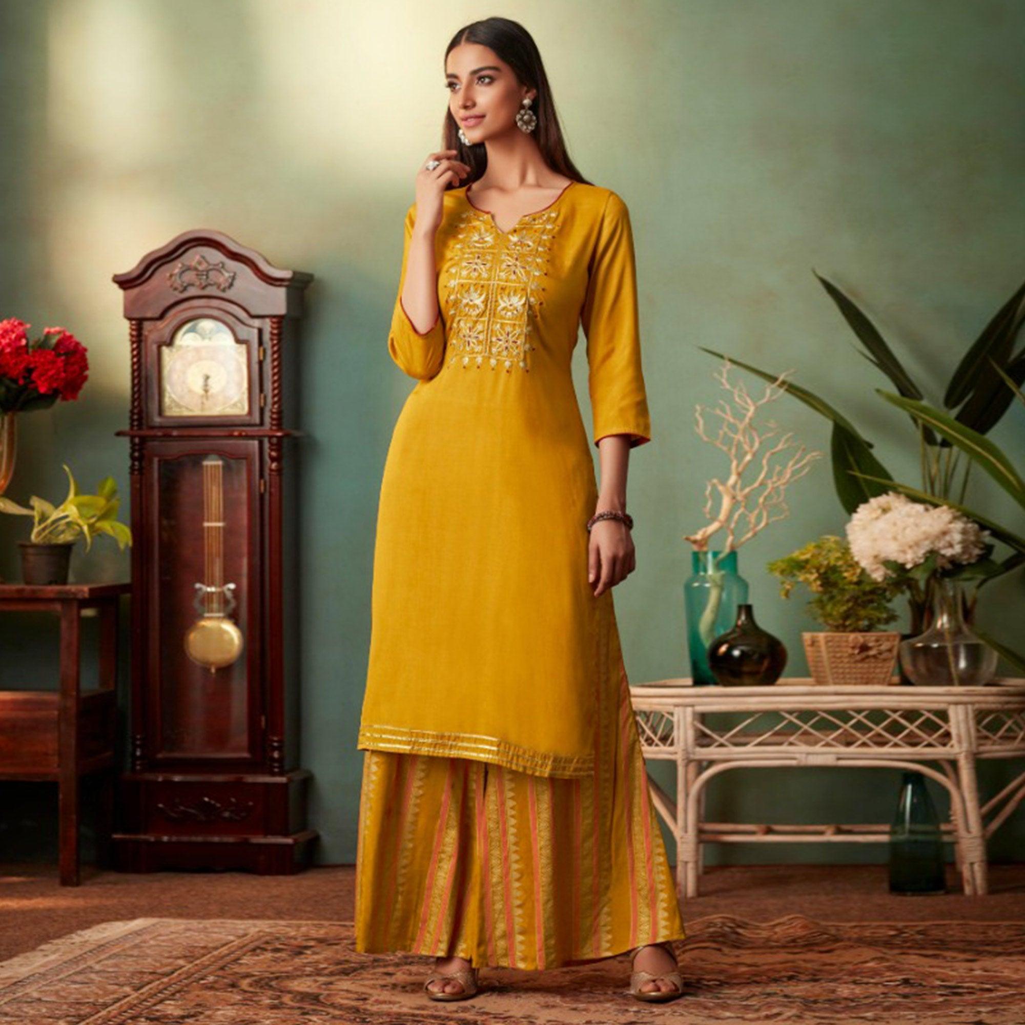 Mustard Floral Embroidered Muslin Palazzo Suit - Peachmode
