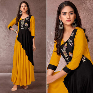 Mustard Floral Embroidered Rayon Gown - Peachmode