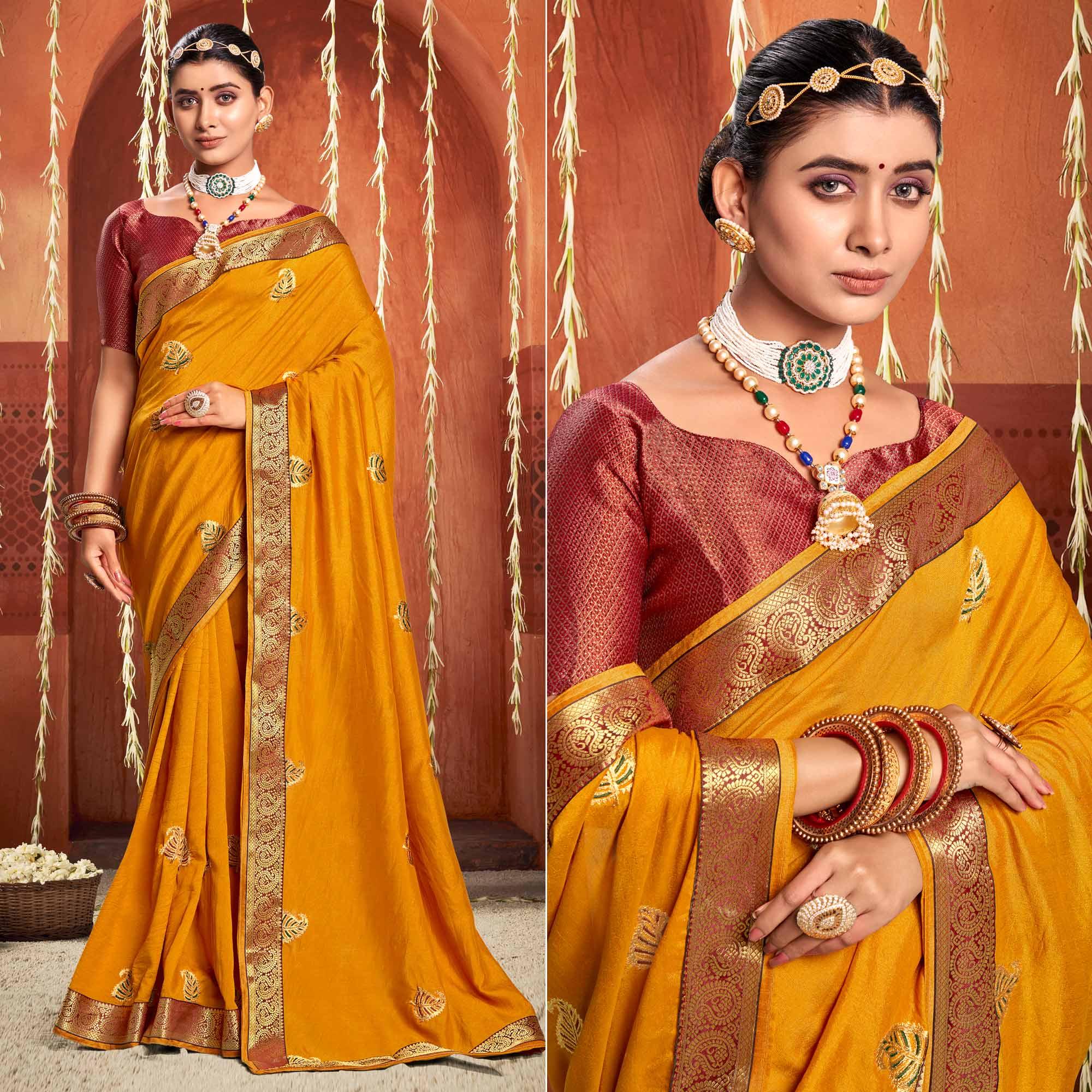 Mustard Floral Embroidered Vichitra Silk Saree - Peachmode