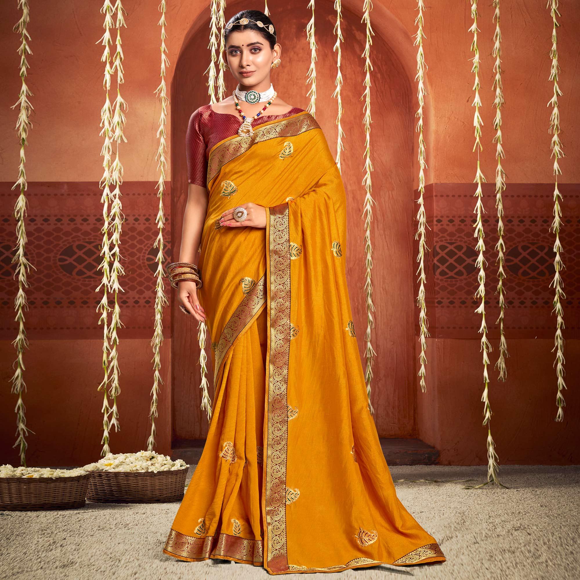Mustard Floral Embroidered Vichitra Silk Saree - Peachmode