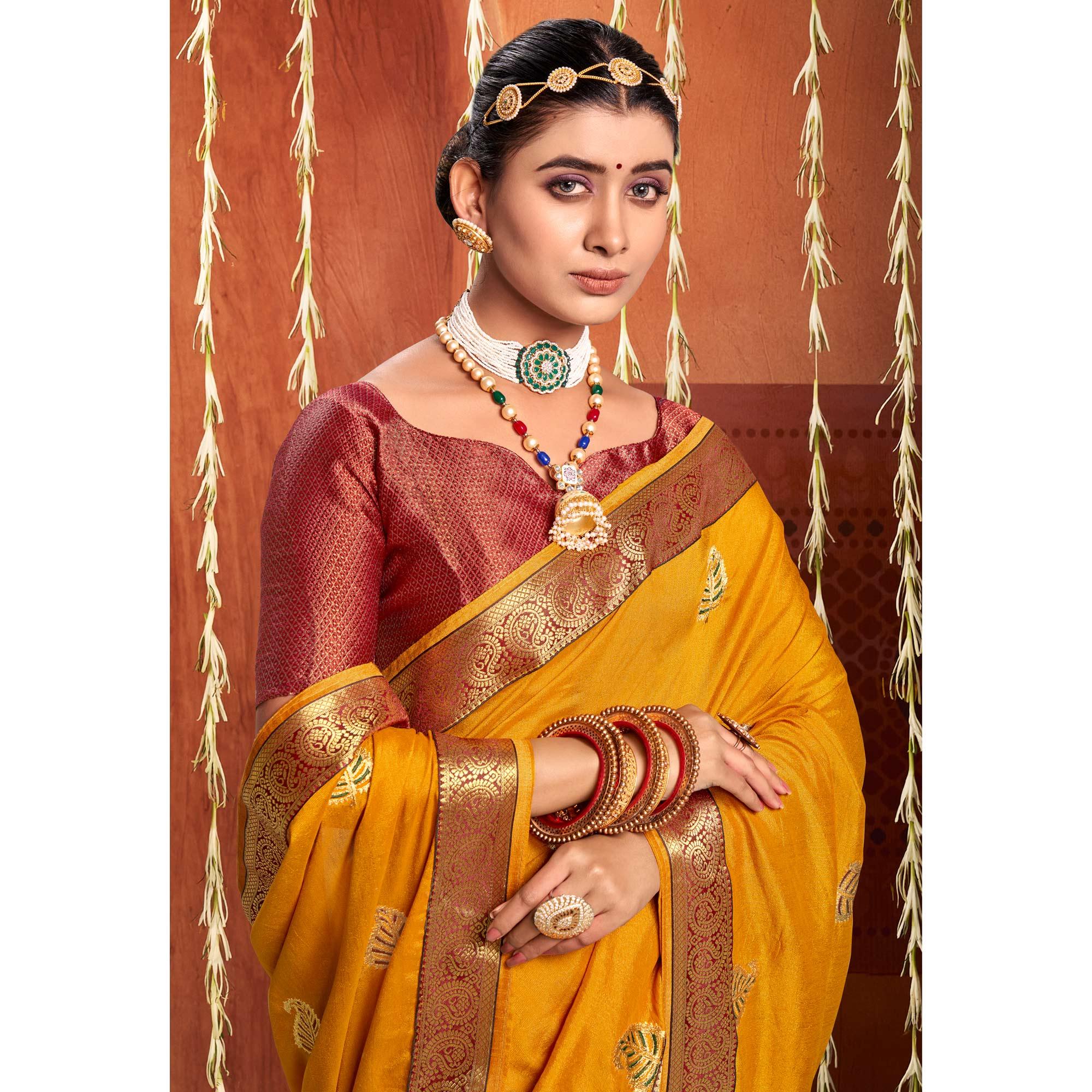 Mustard Floral Embroidered Vichitra Silk Saree - Peachmode