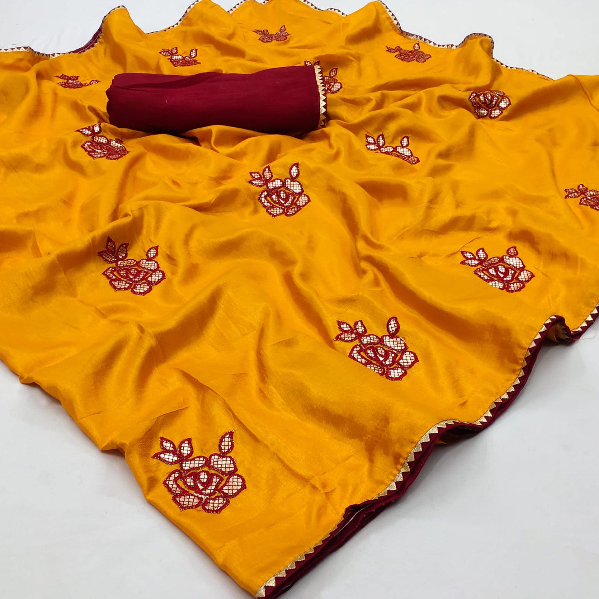 Mustard Floral Gota Embroidered Dola Silk Saree - Peachmode