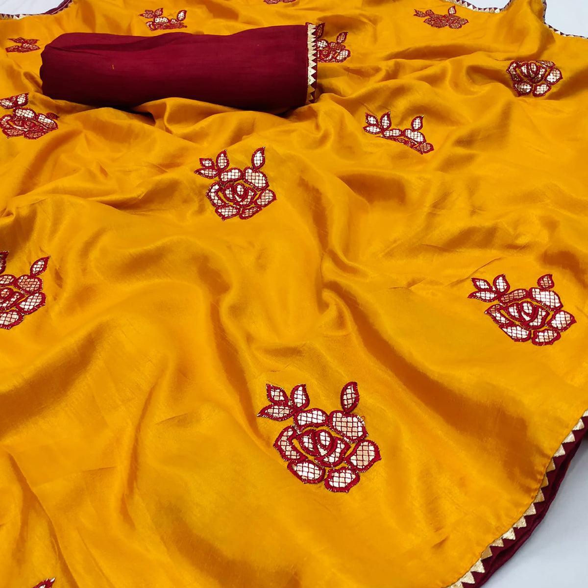 Mustard Floral Gota Embroidered Dola Silk Saree - Peachmode