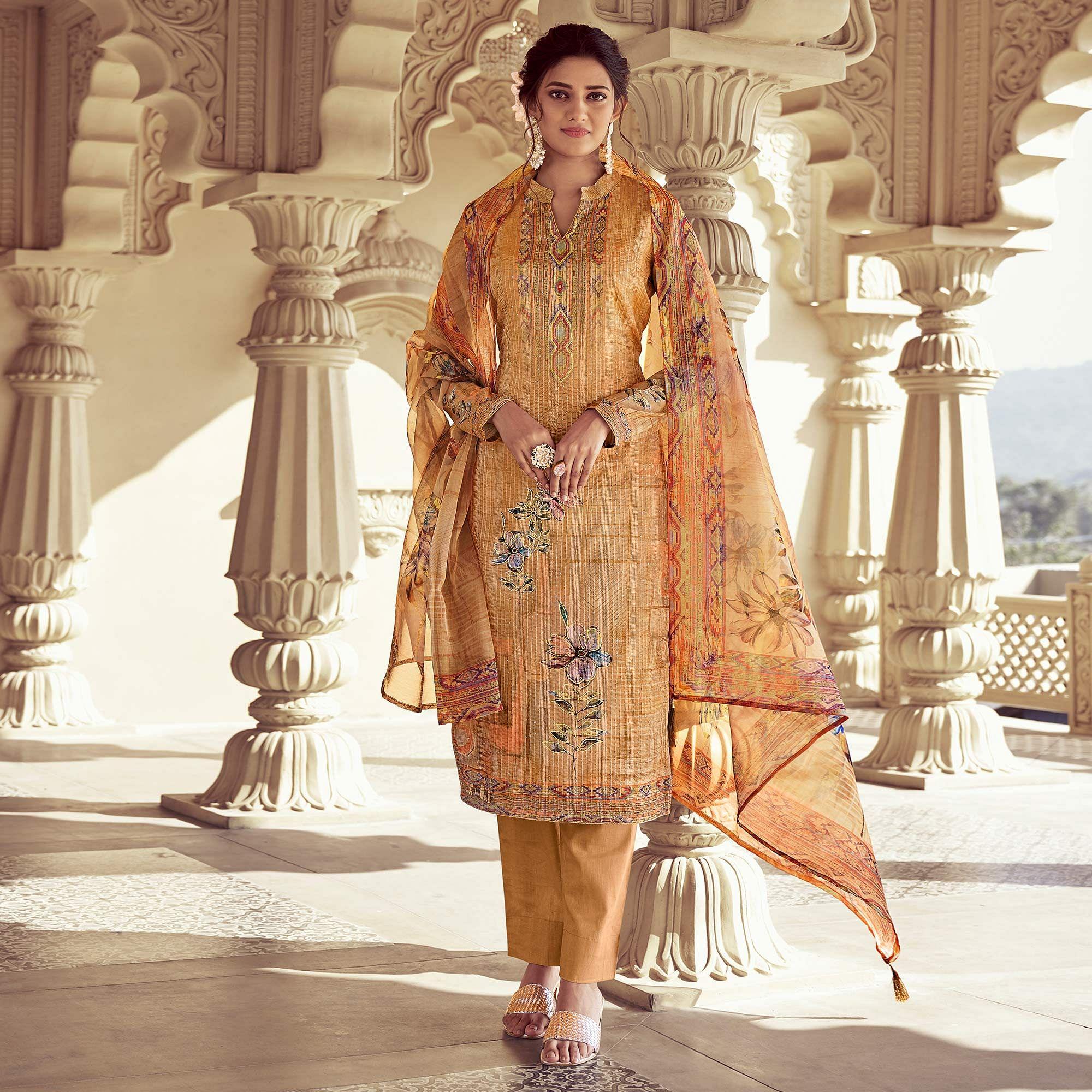 Mustard Floral Print With Sequence Embroidered Royal chinon Partywear Suit - Peachmode