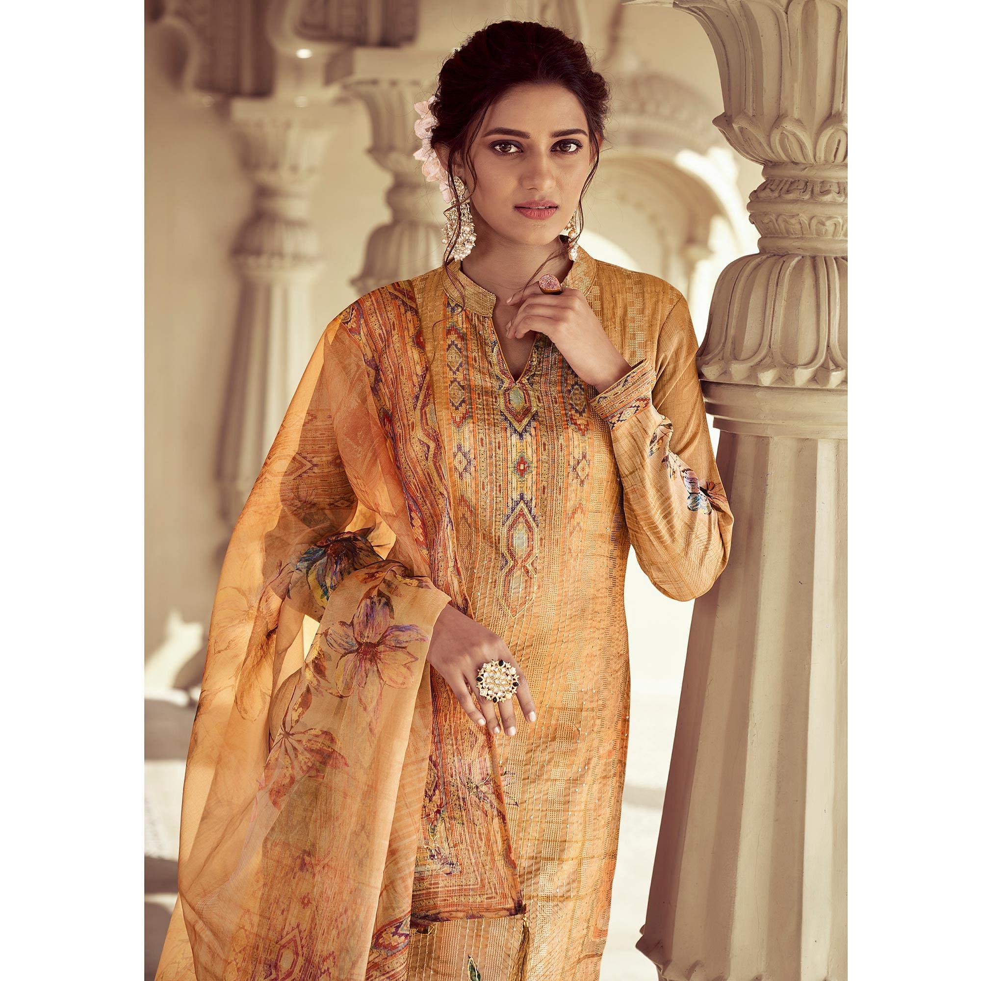 Mustard Floral Print With Sequence Embroidered Royal chinon Partywear Suit - Peachmode