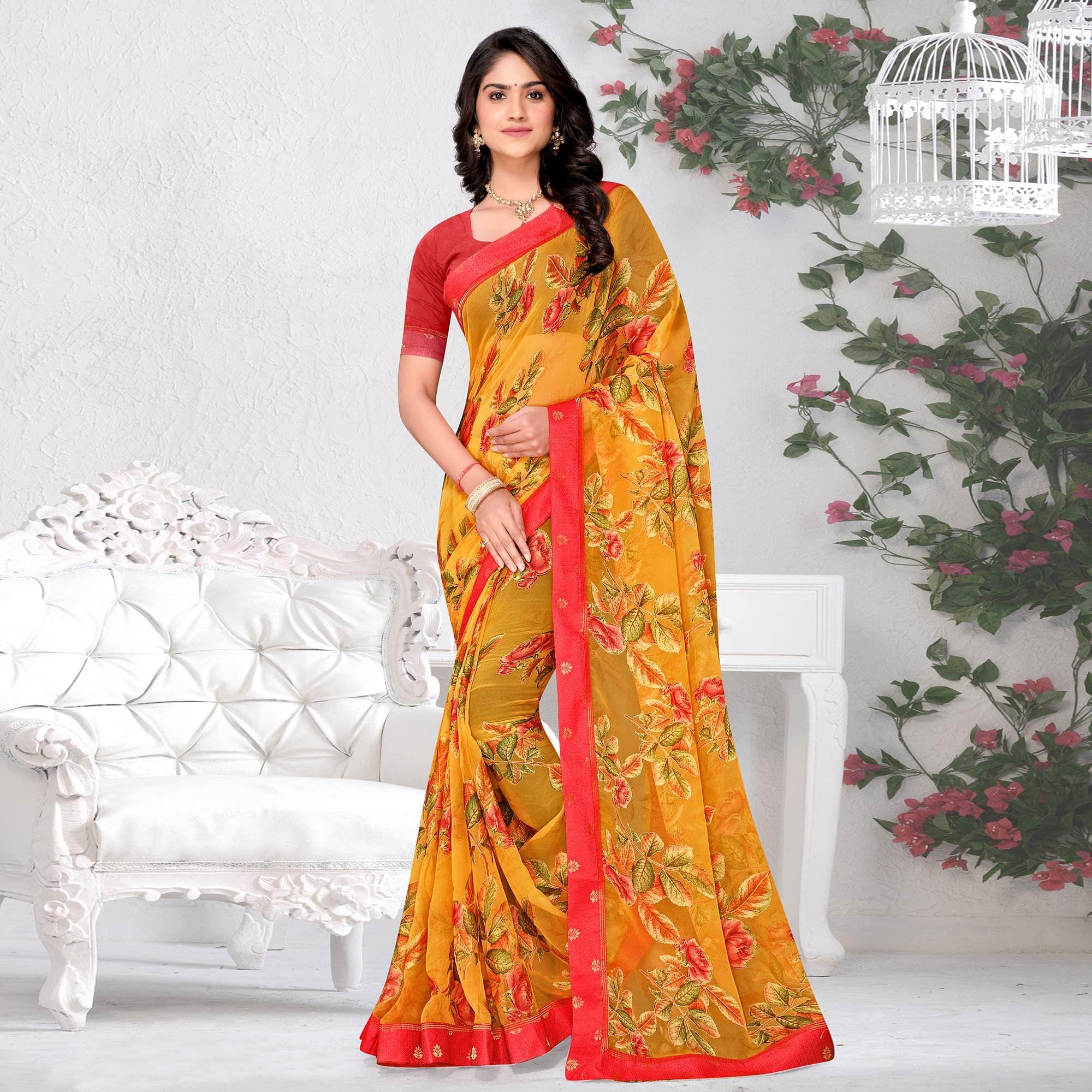 Mustard Floral Printed Brasso Saree - Peachmode