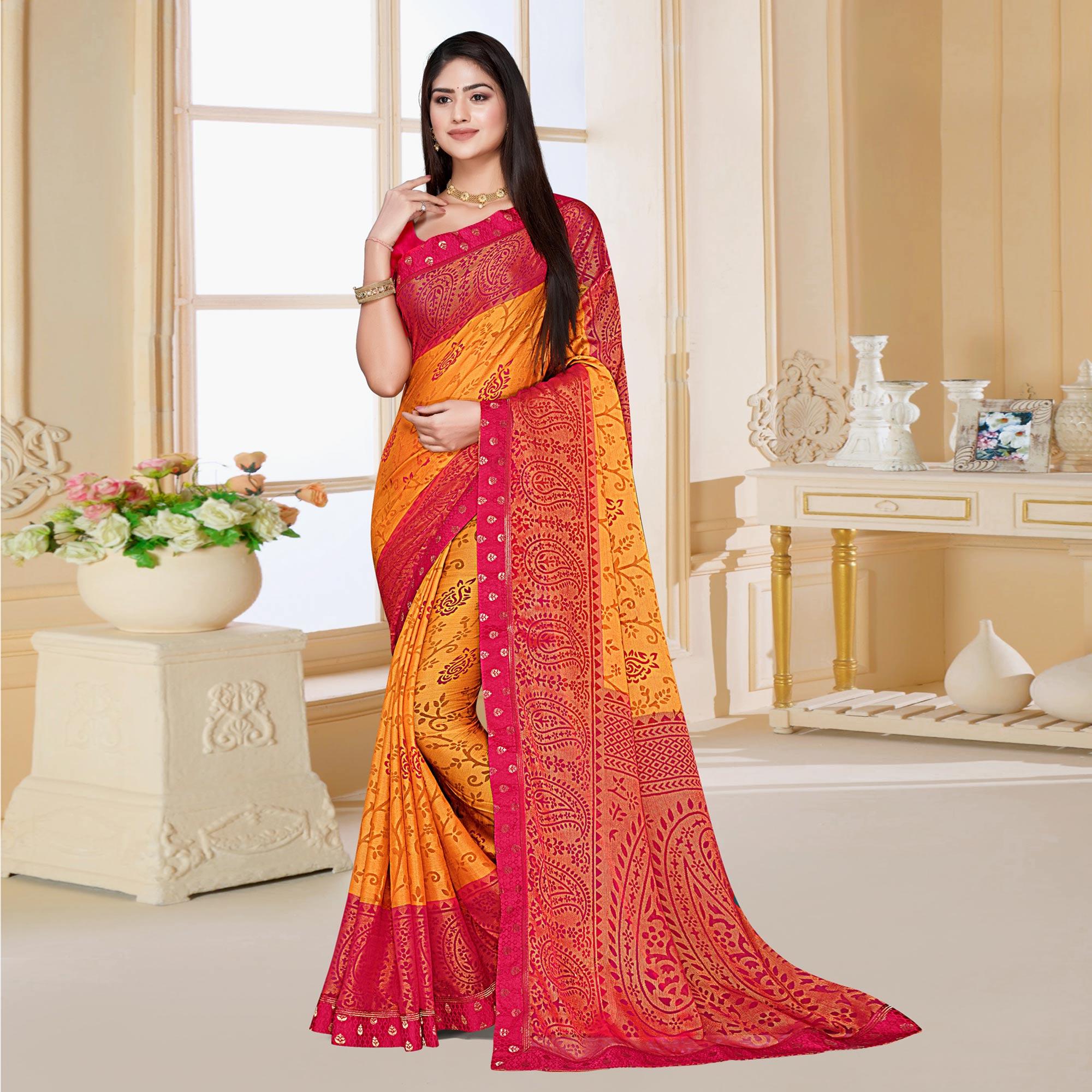 Mustard Floral Printed Chiffon Saree - Peachmode