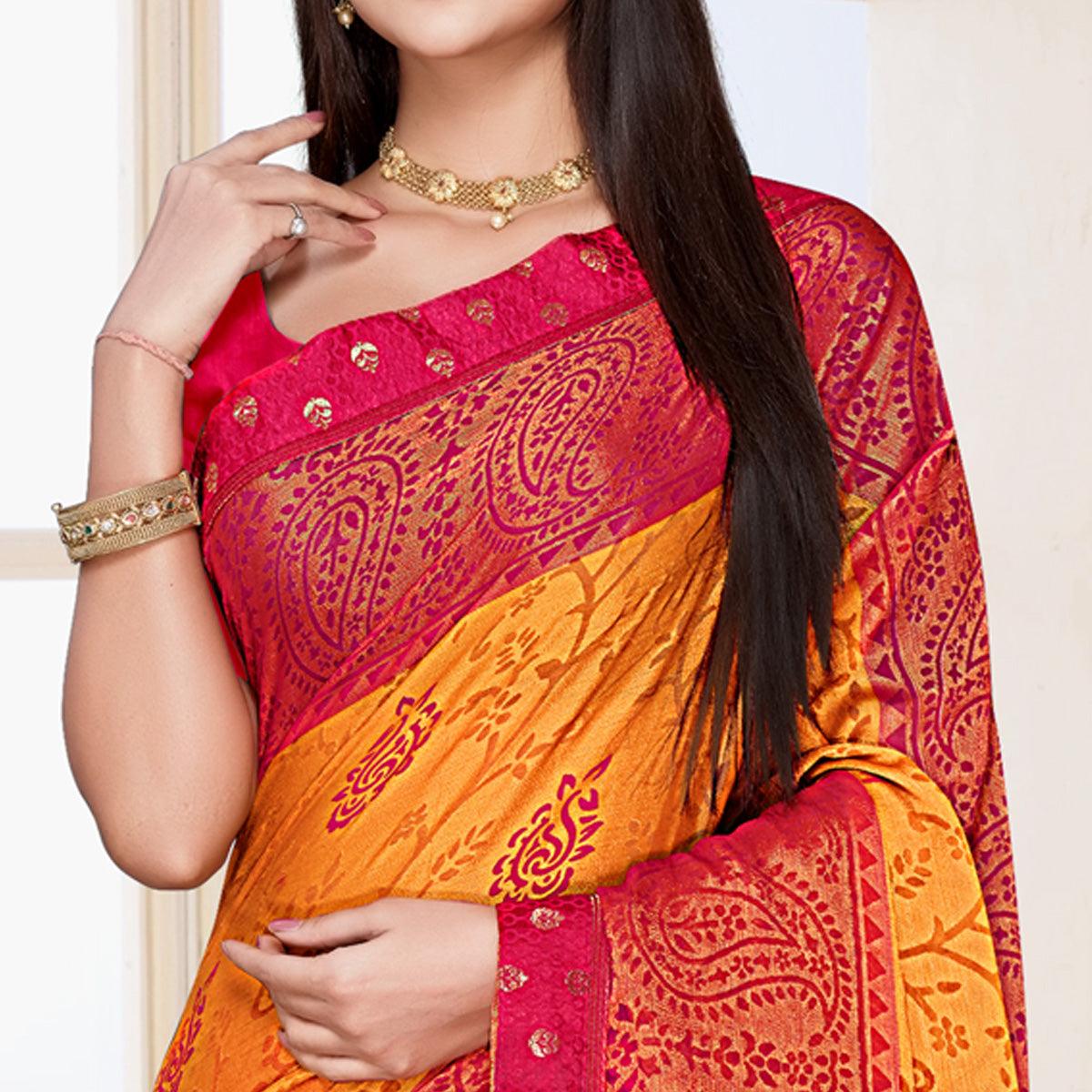 Mustard Floral Printed Chiffon Saree - Peachmode