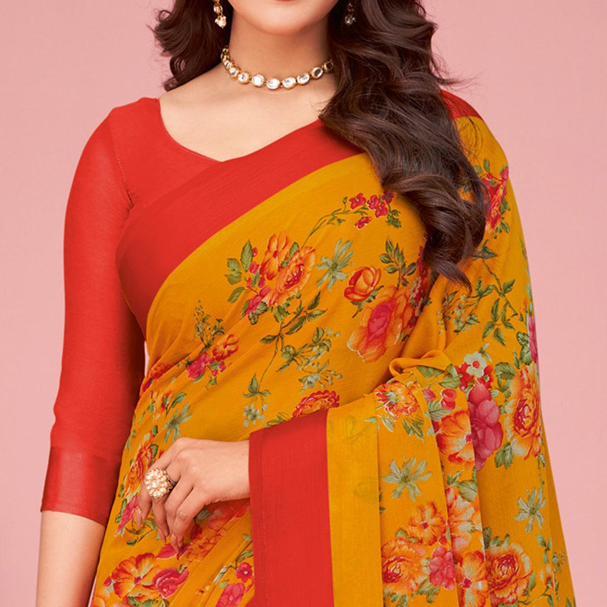 Mustard Floral Printed Chiffon Saree - Peachmode