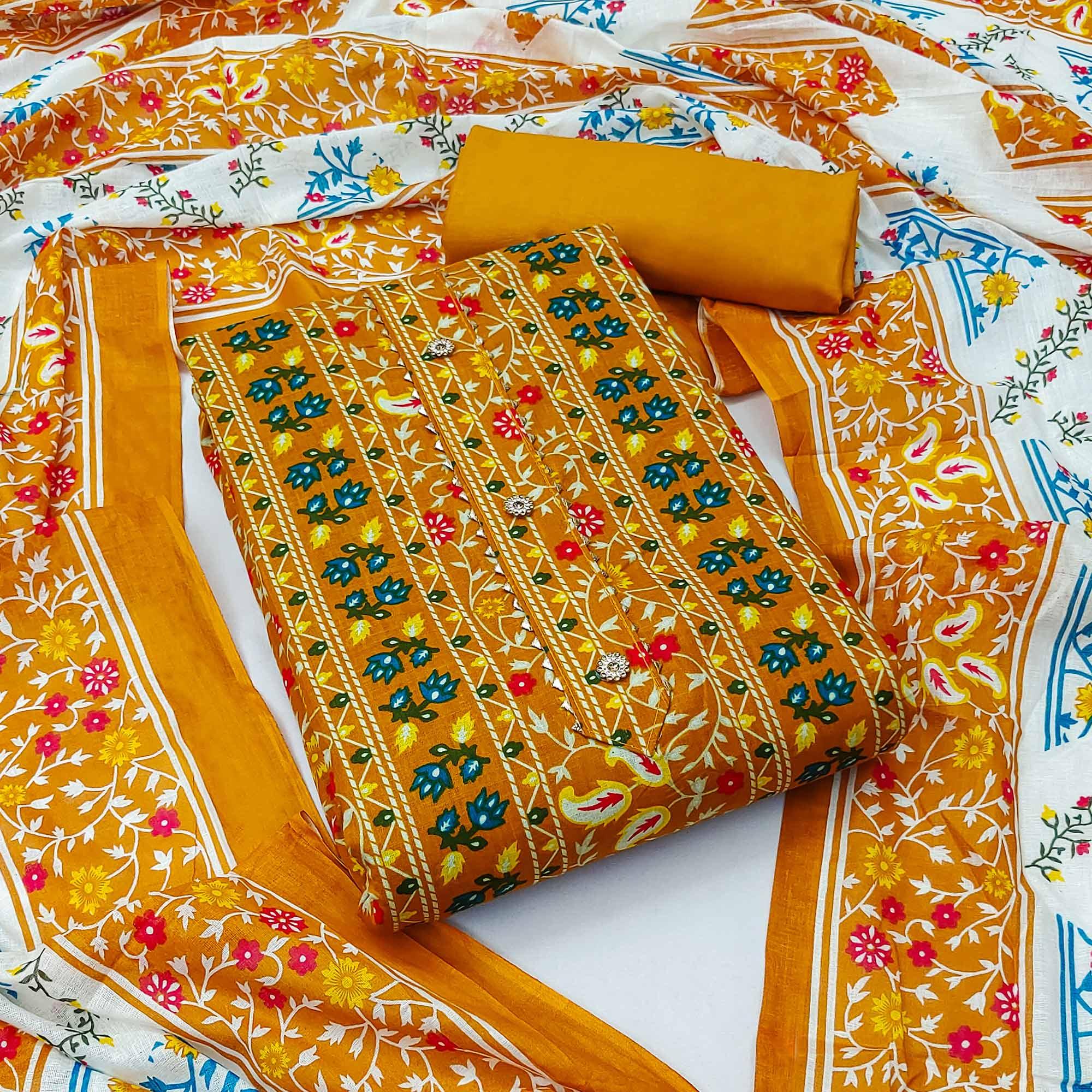 Mustard Floral Printed Pure Cotton Dress Material - Peachmode