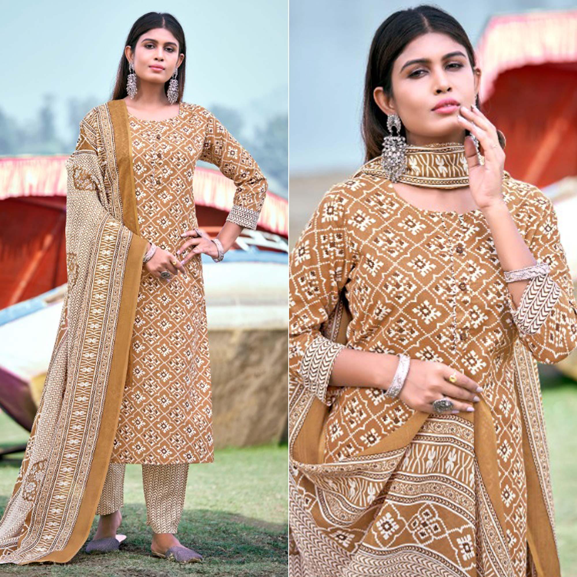 Mustard Floral Printed Pure Cotton Kurti Pant Set With Dupatta - Peachmode