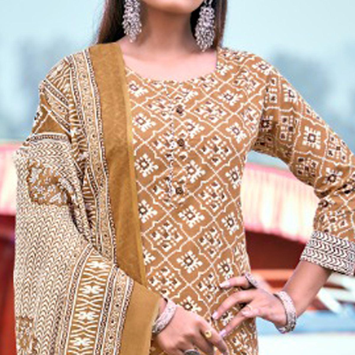 Mustard Floral Printed Pure Cotton Kurti Pant Set With Dupatta - Peachmode