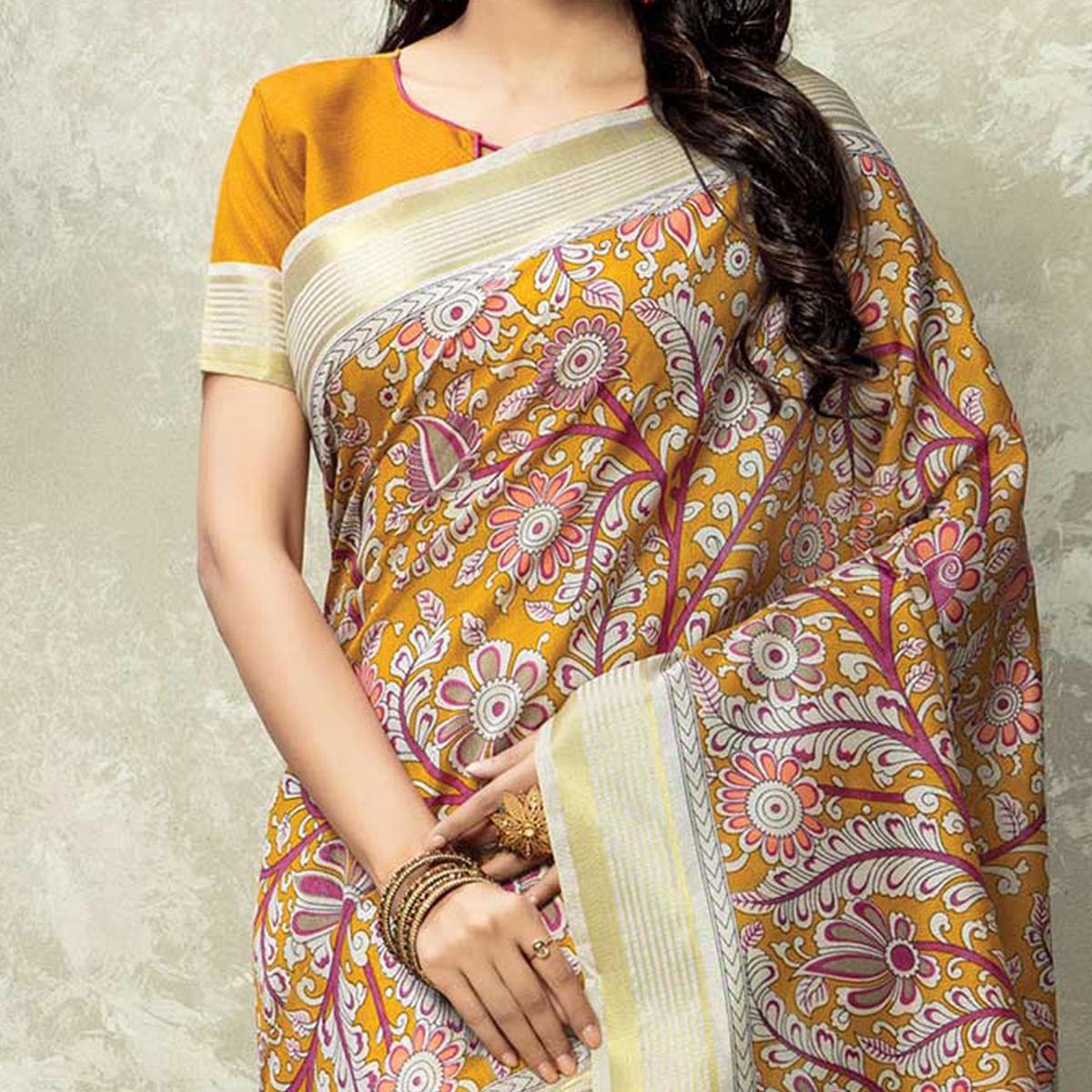 Mustard Floral Printed Silk Saree - Peachmode