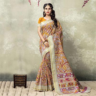 Mustard Floral Printed Silk Saree - Peachmode