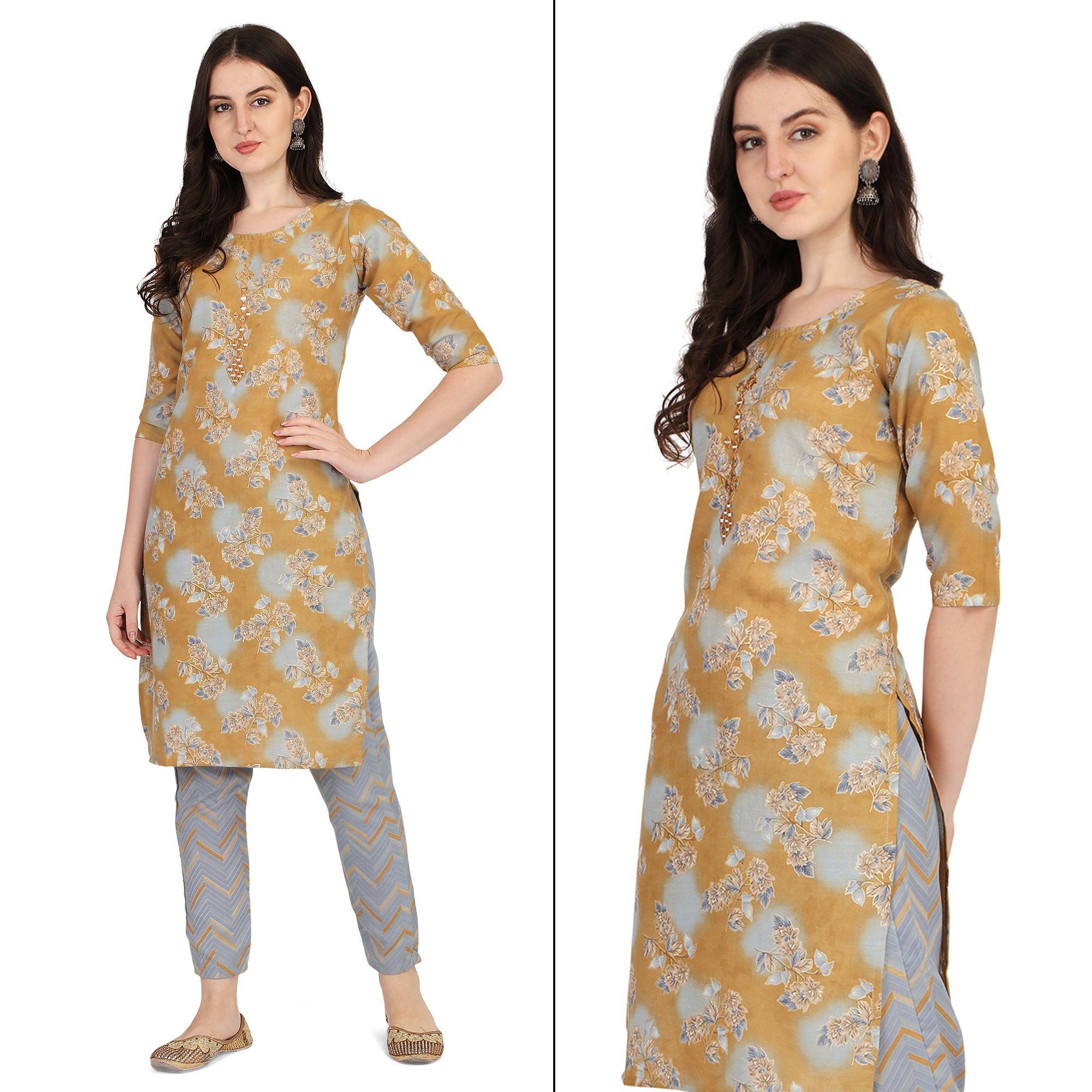 Mustard Floral Printed With Embroidered Poly Cotton Kurti Pant Set - Peachmode