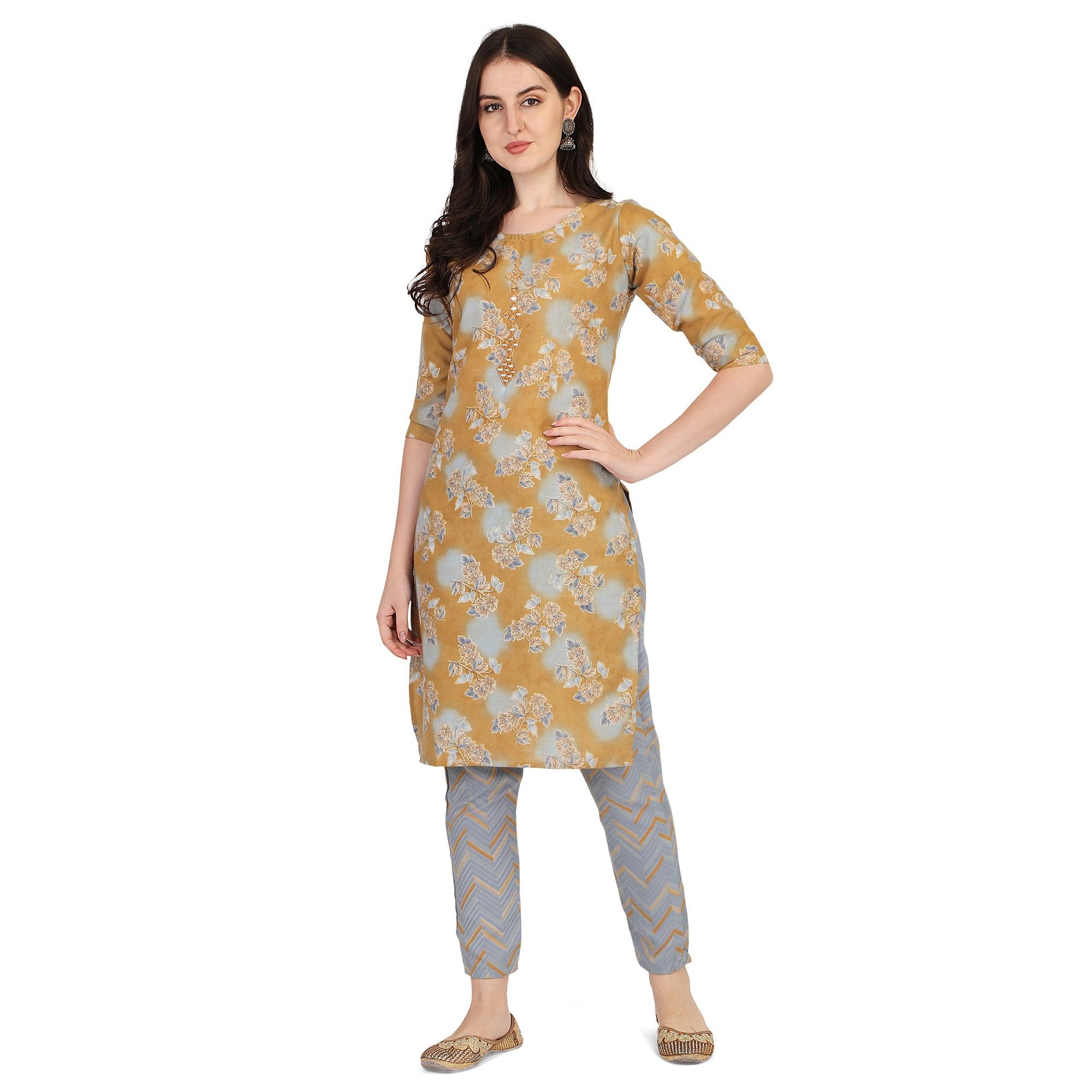 Mustard Floral Printed With Embroidered Poly Cotton Kurti Pant Set - Peachmode