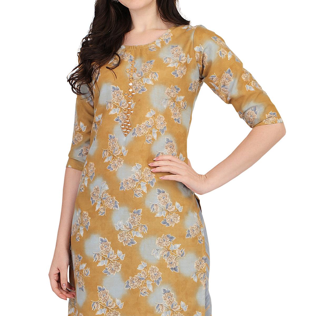 Mustard Floral Printed With Embroidered Poly Cotton Kurti Pant Set - Peachmode