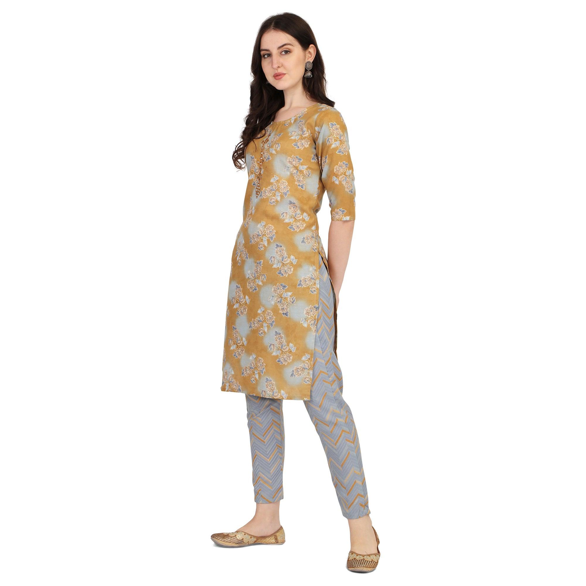 Mustard Floral Printed With Embroidered Poly Cotton Kurti Pant Set - Peachmode