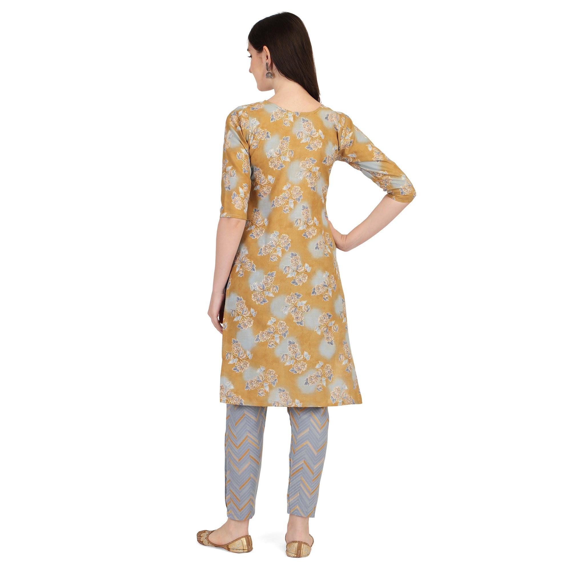 Mustard Floral Printed With Embroidered Poly Cotton Kurti Pant Set - Peachmode