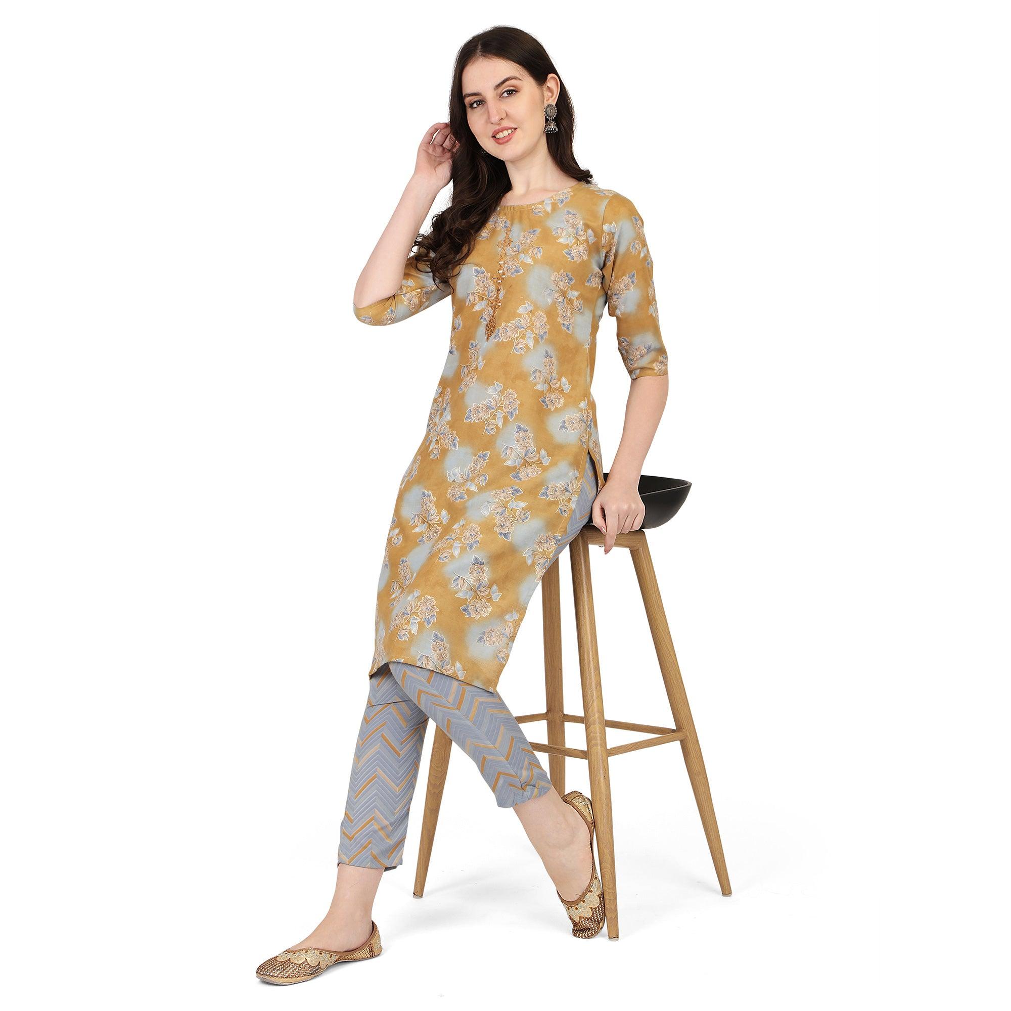 Mustard Floral Printed With Embroidered Poly Cotton Kurti Pant Set - Peachmode