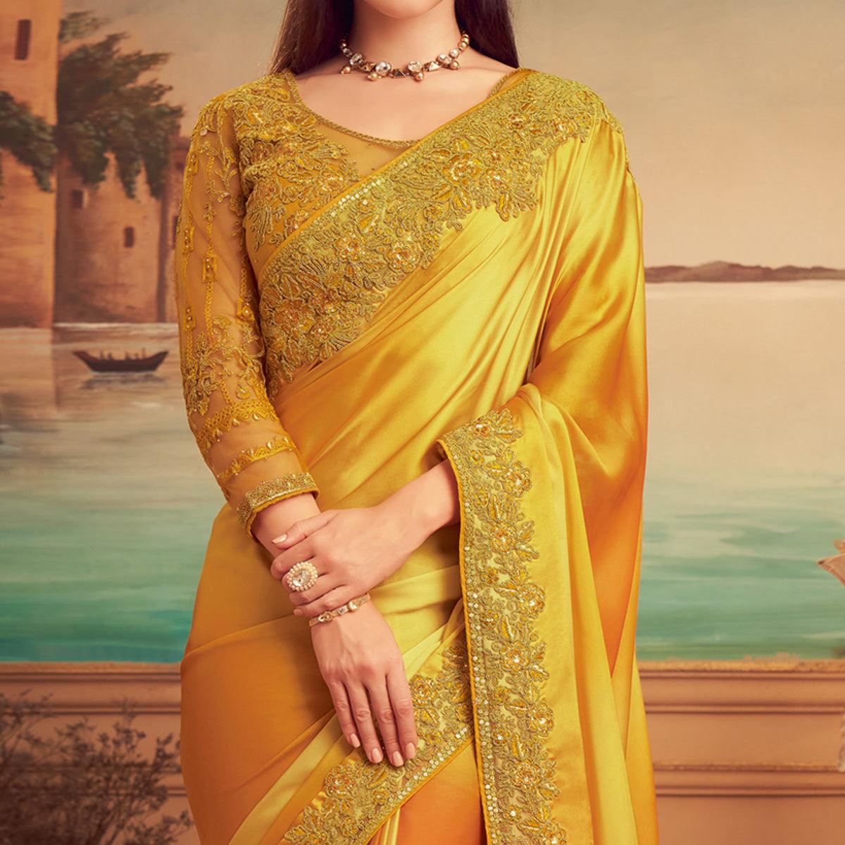 Mustard Floral Sequence Embroidered Art Silk Saree - Peachmode