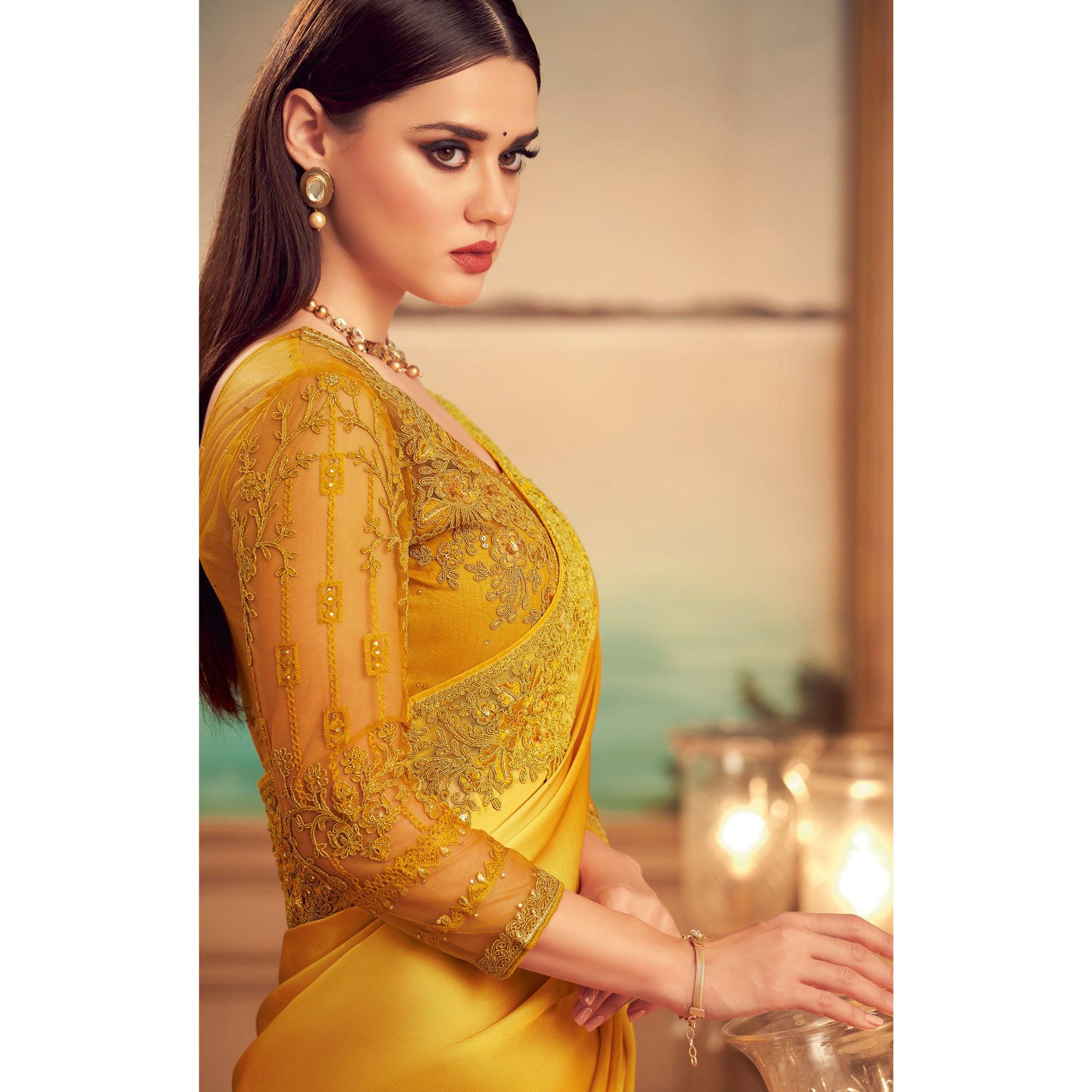 Mustard Floral Sequence Embroidered Art Silk Saree - Peachmode