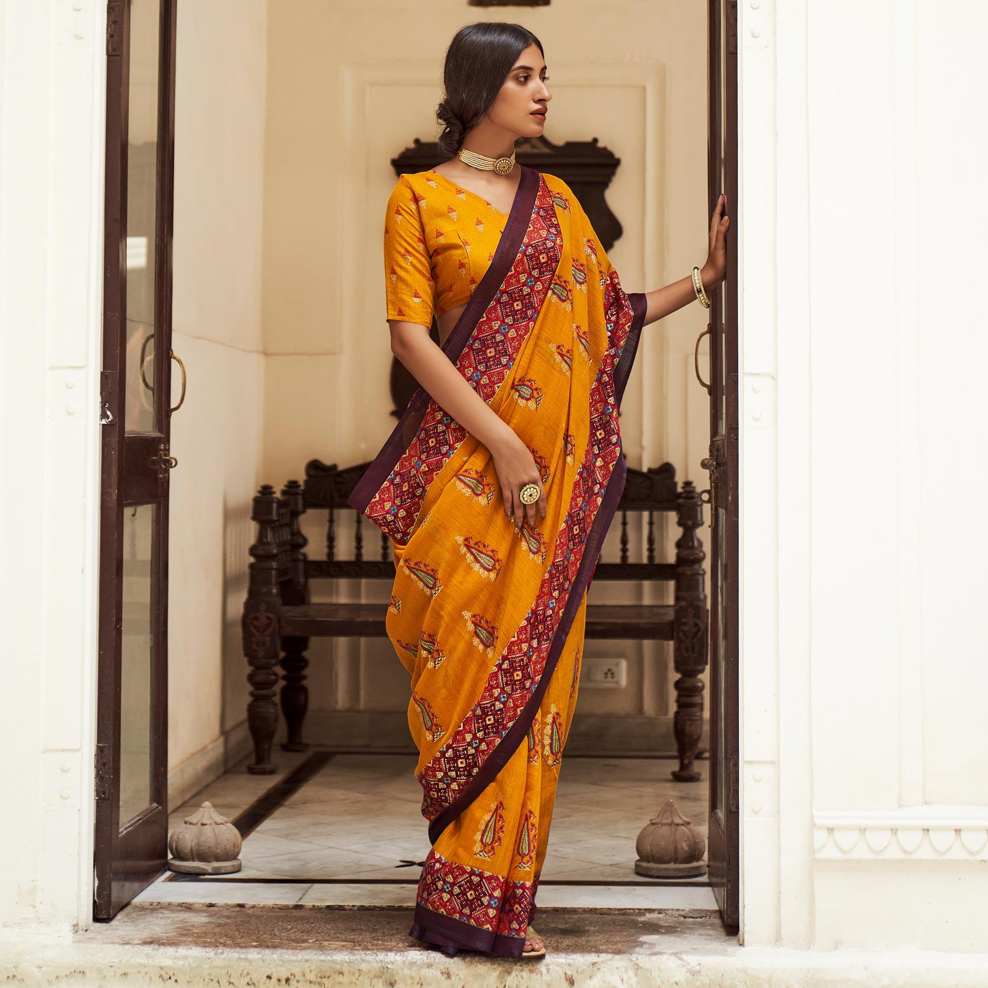 Mustard Foil Digital Printed Poly Cotton Saree - Peachmode