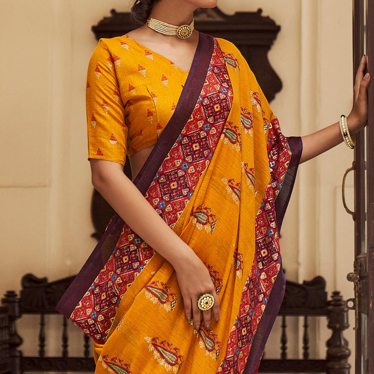 Mustard Foil Digital Printed Poly Cotton Saree - Peachmode