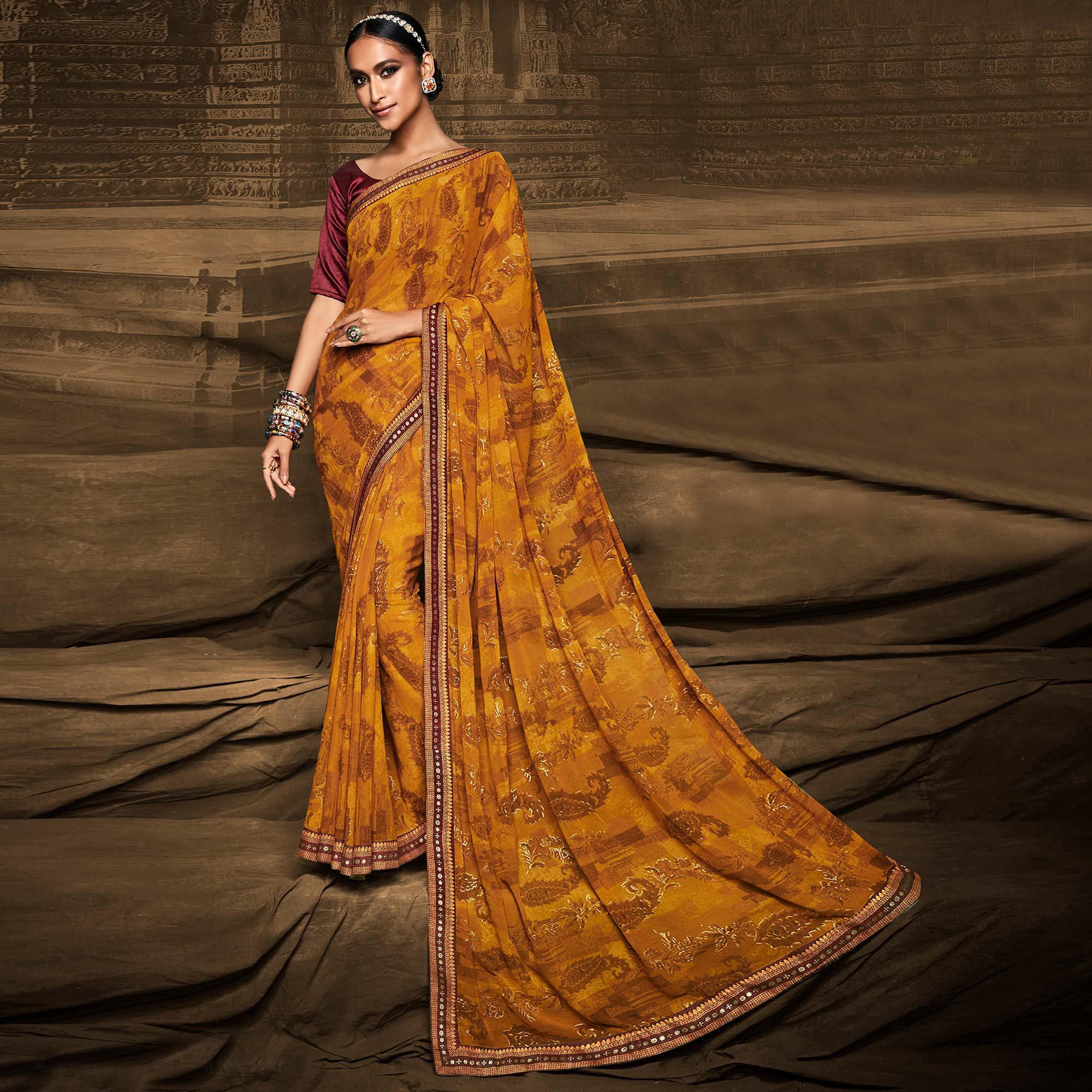 Mustard Foil Printed Georgette Saree - Peachmode