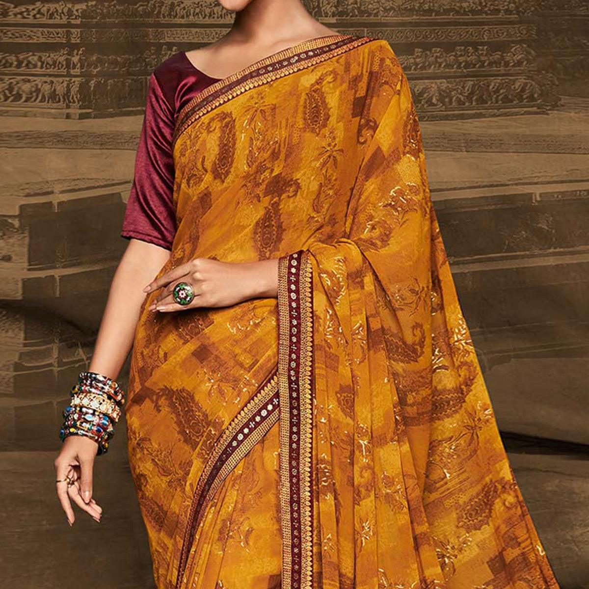 Mustard Foil Printed Georgette Saree - Peachmode