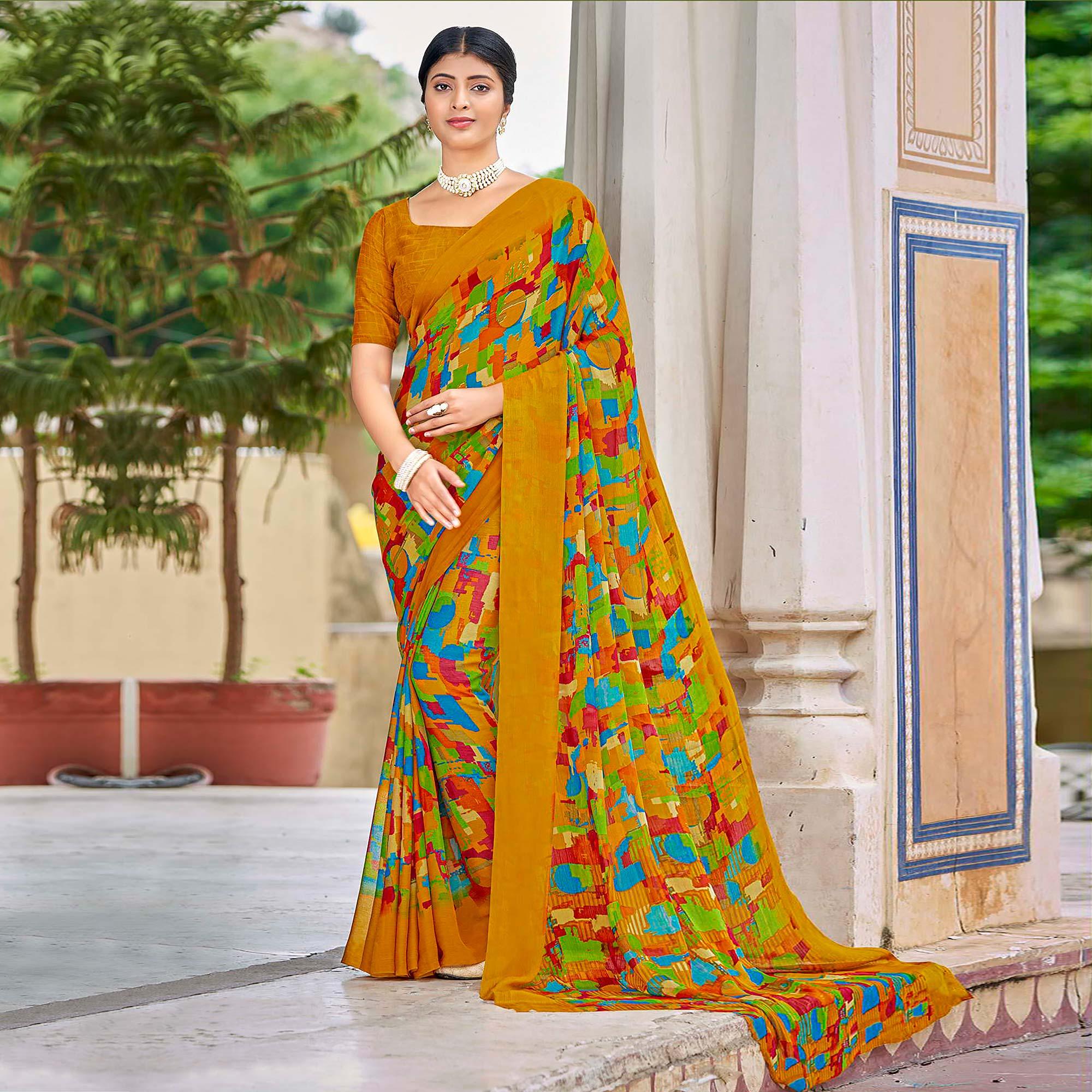 Mustard Geometric Printed Chiffon Saree - Peachmode
