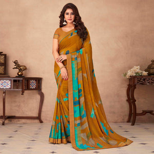 Mustard Geometric Printed Chiffon Saree - Peachmode