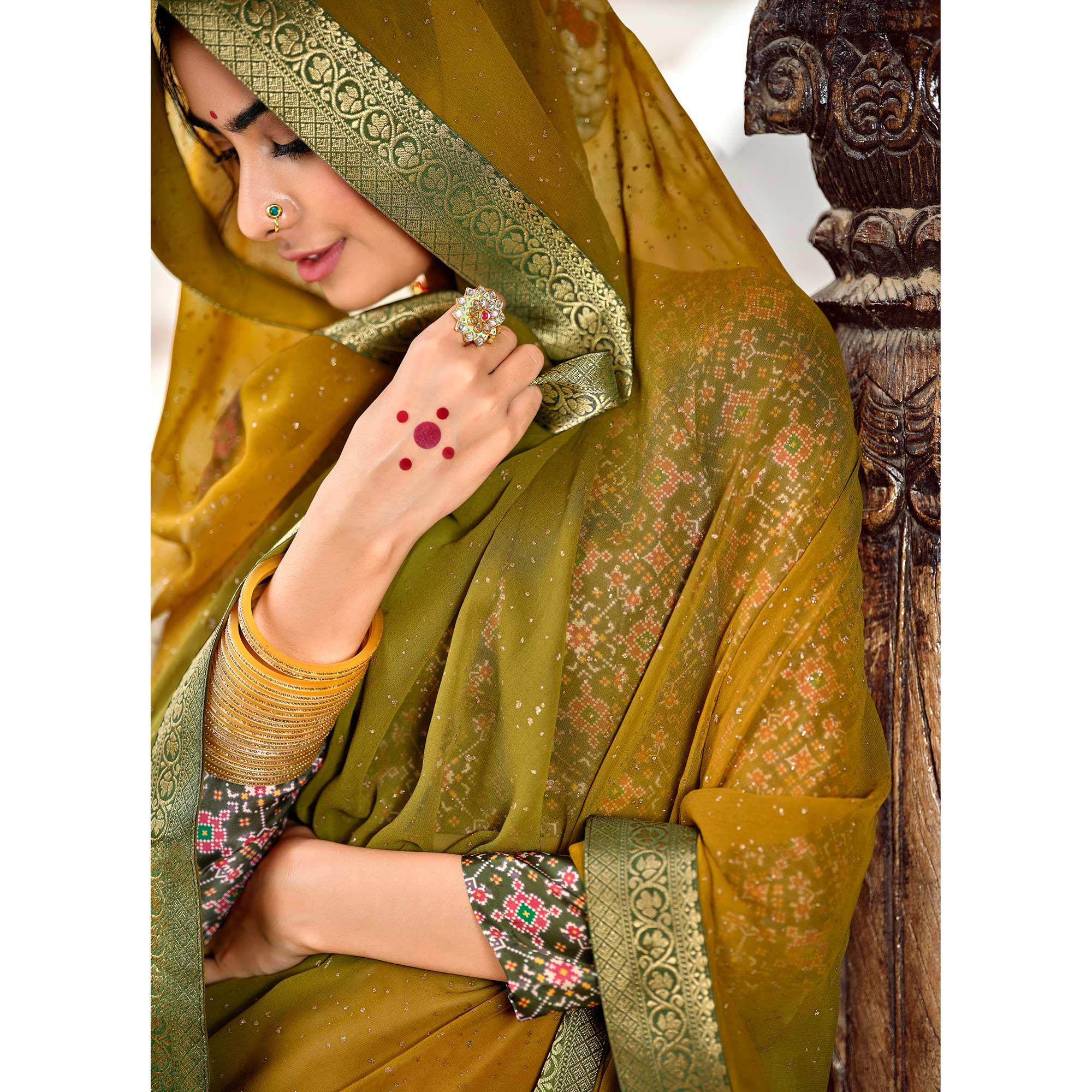 Mustard-Green Partywear Printed Georgette Saree With Gold Zari - Peachmode