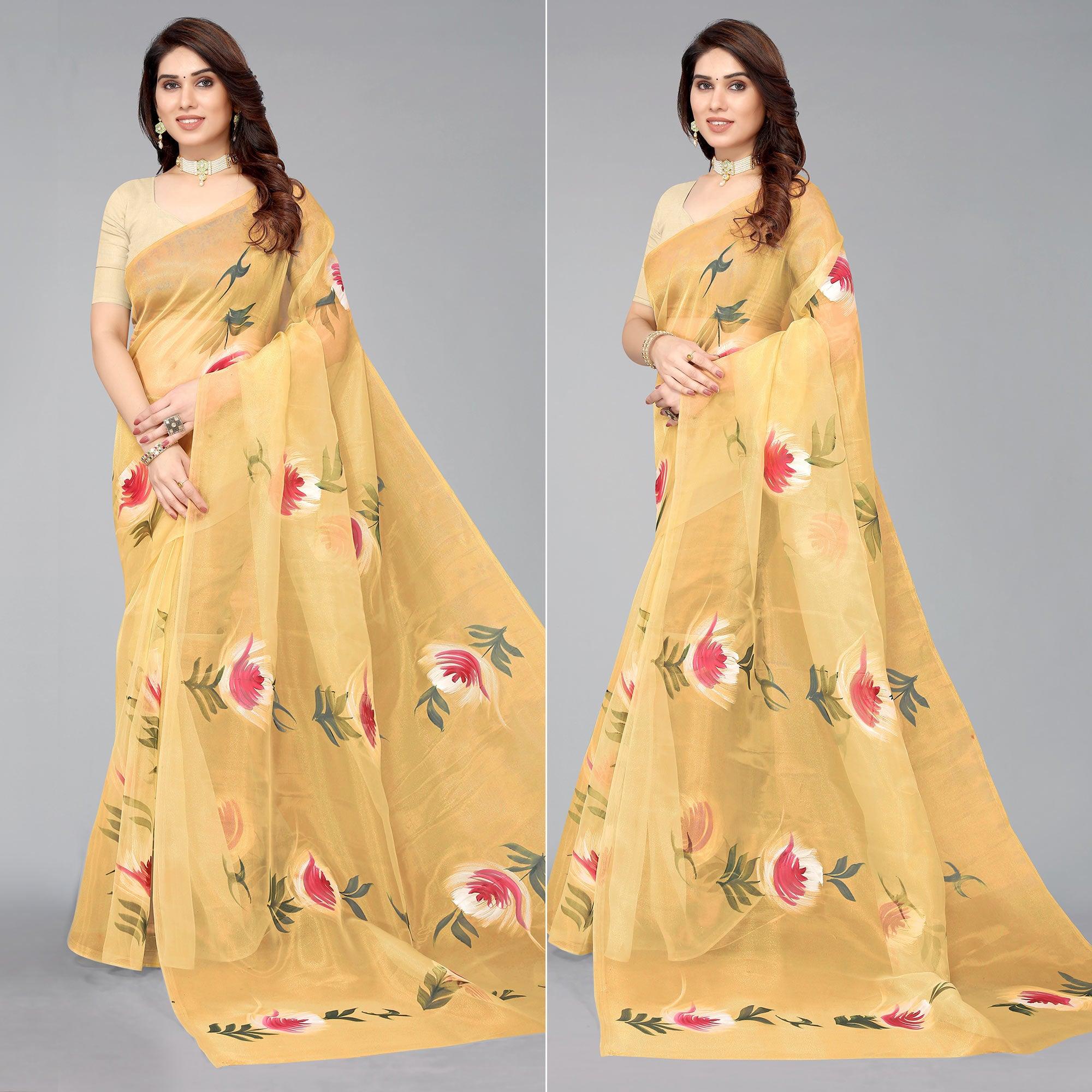 Mustard Hand Printed Organza Saree - Peachmode