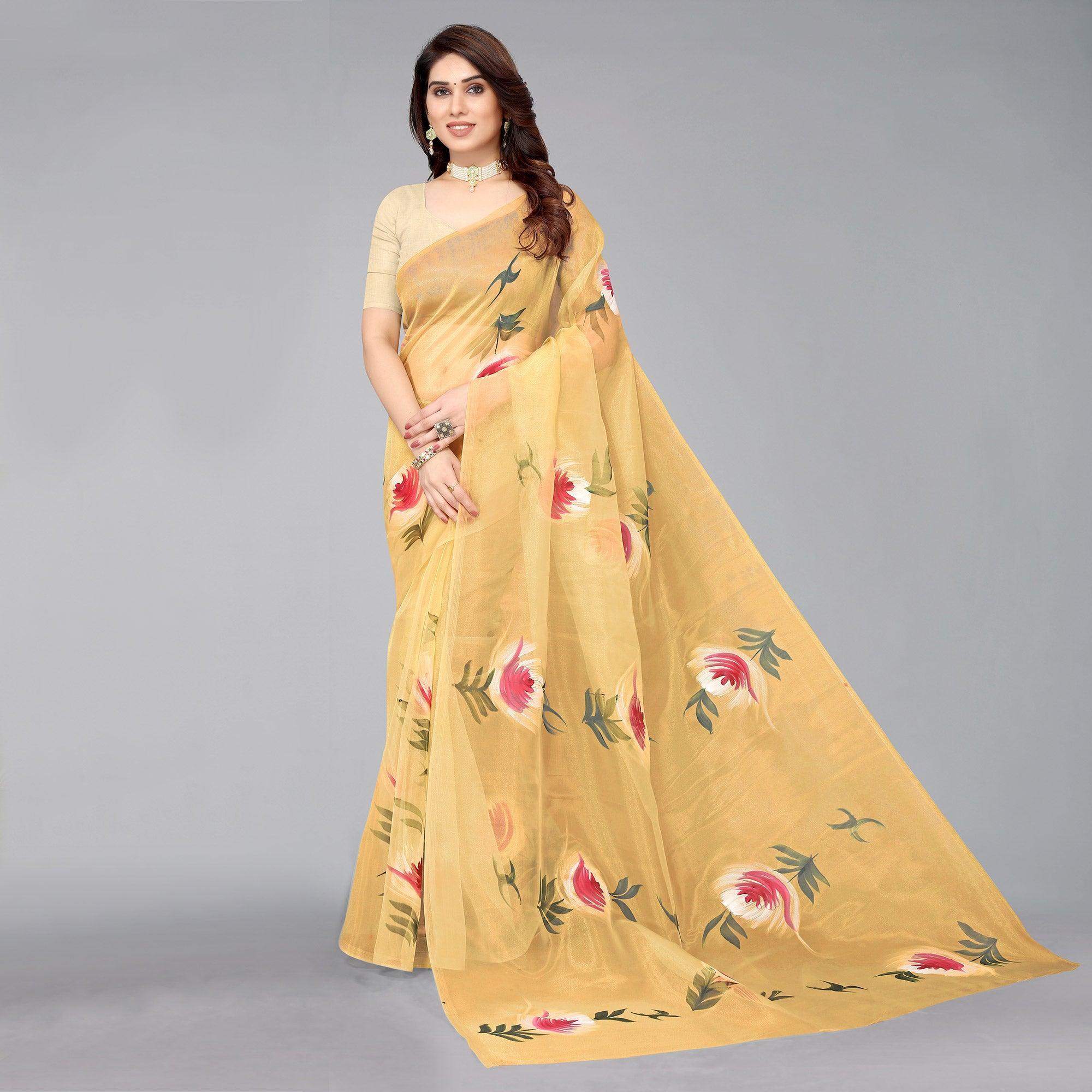 Mustard Hand Printed Organza Saree - Peachmode