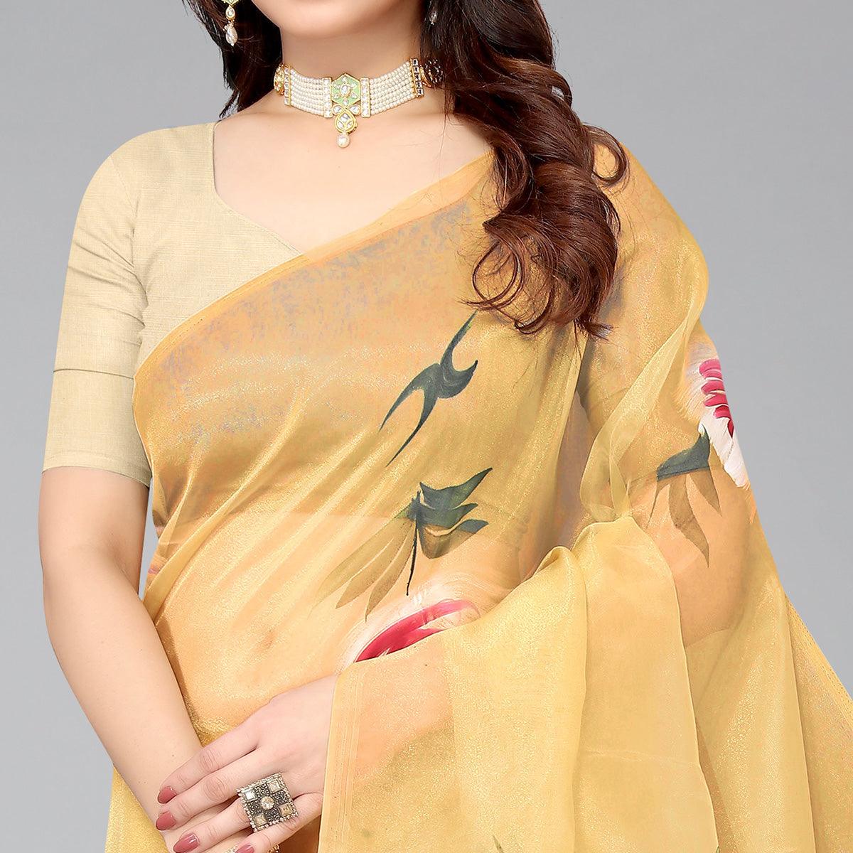 Mustard Hand Printed Organza Saree - Peachmode