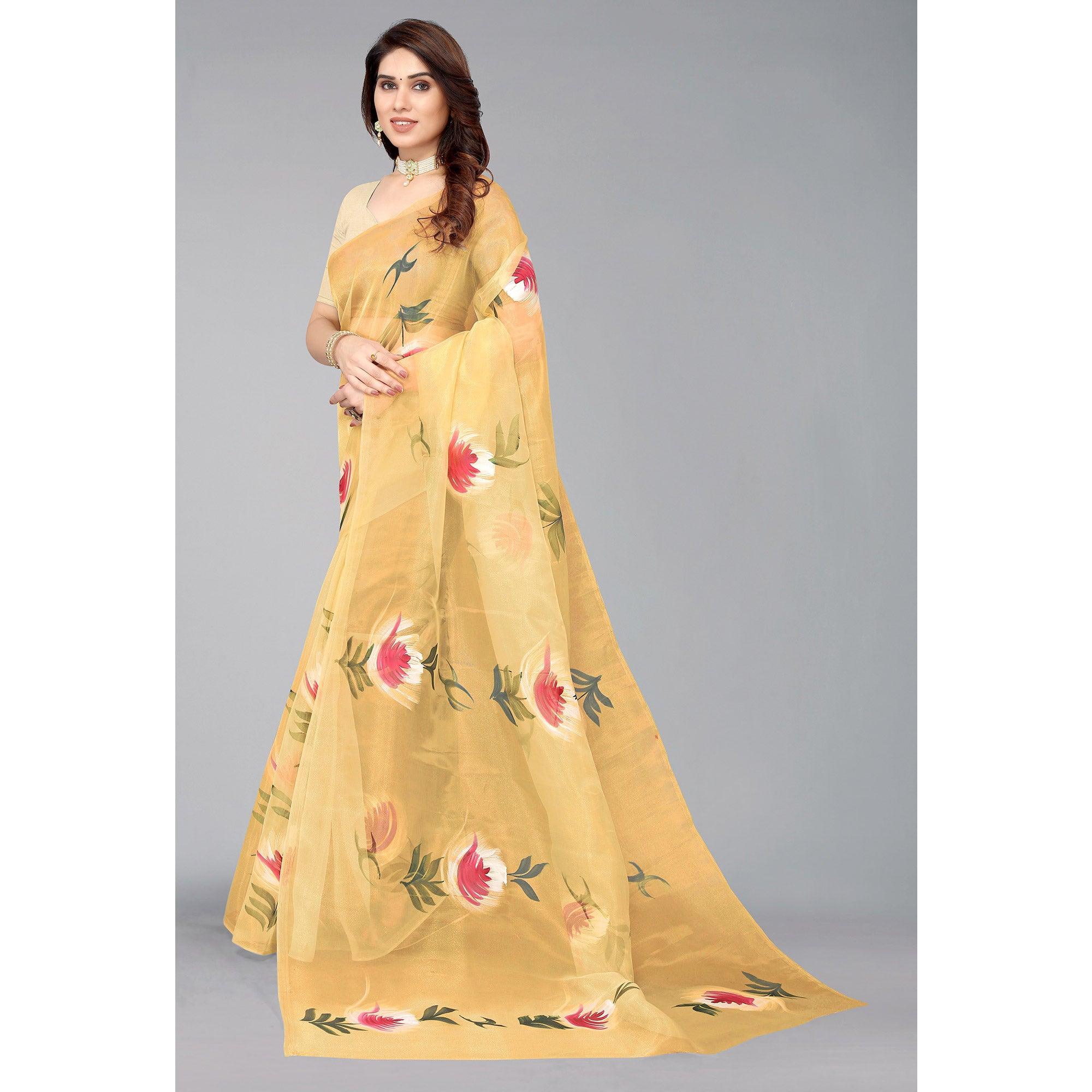 Mustard Hand Printed Organza Saree - Peachmode