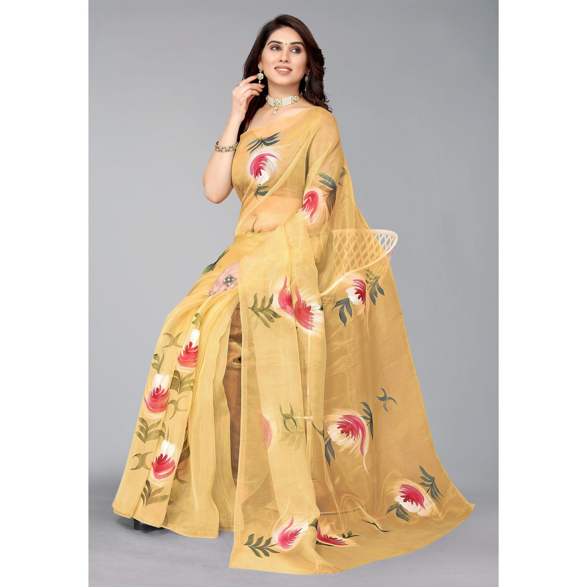 Mustard Hand Printed Organza Saree - Peachmode