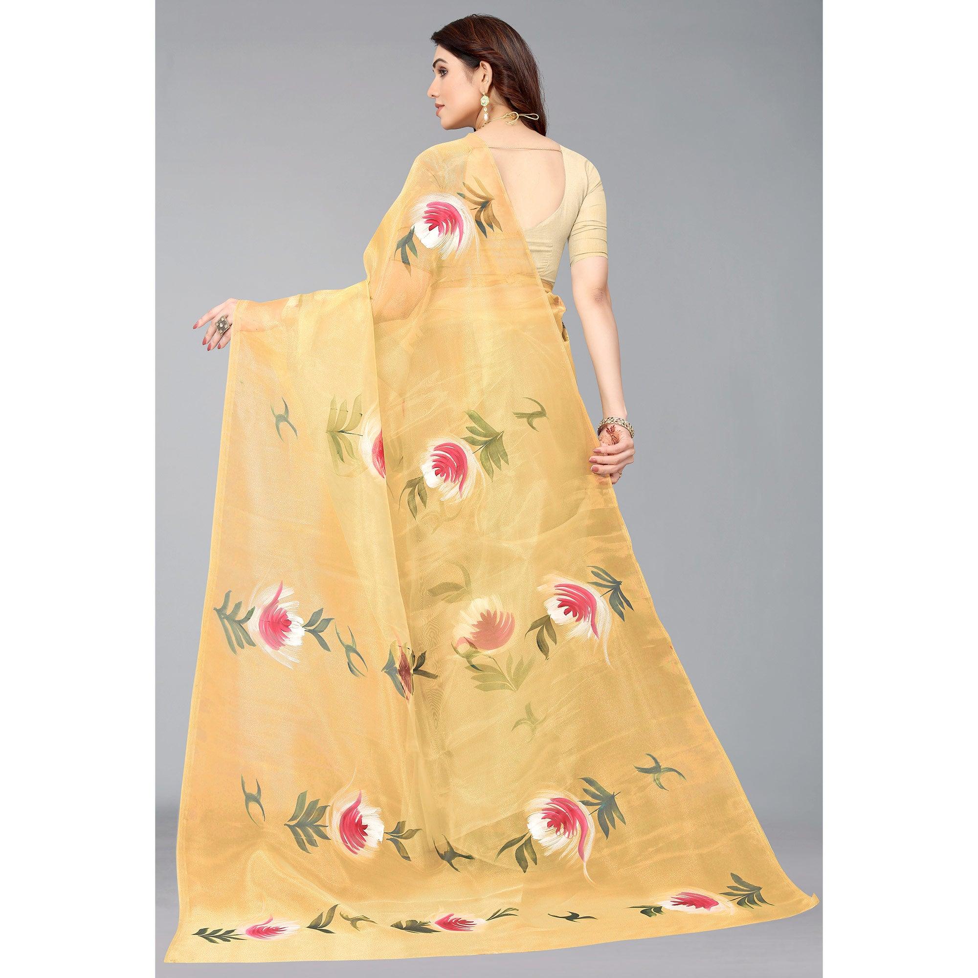 Mustard Hand Printed Organza Saree - Peachmode